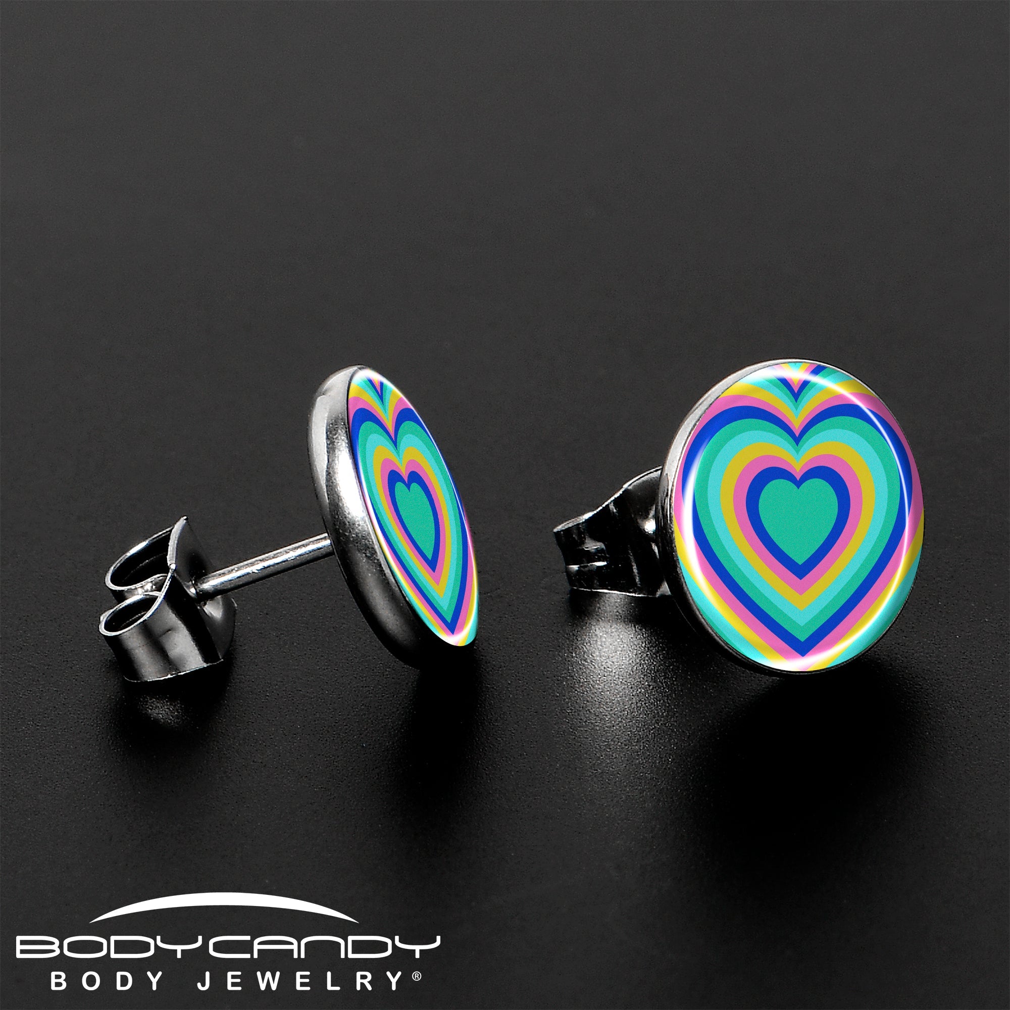 BodyCandy Rainbow Retro Heart Stud Earrings by Onyx O — lifestyle context