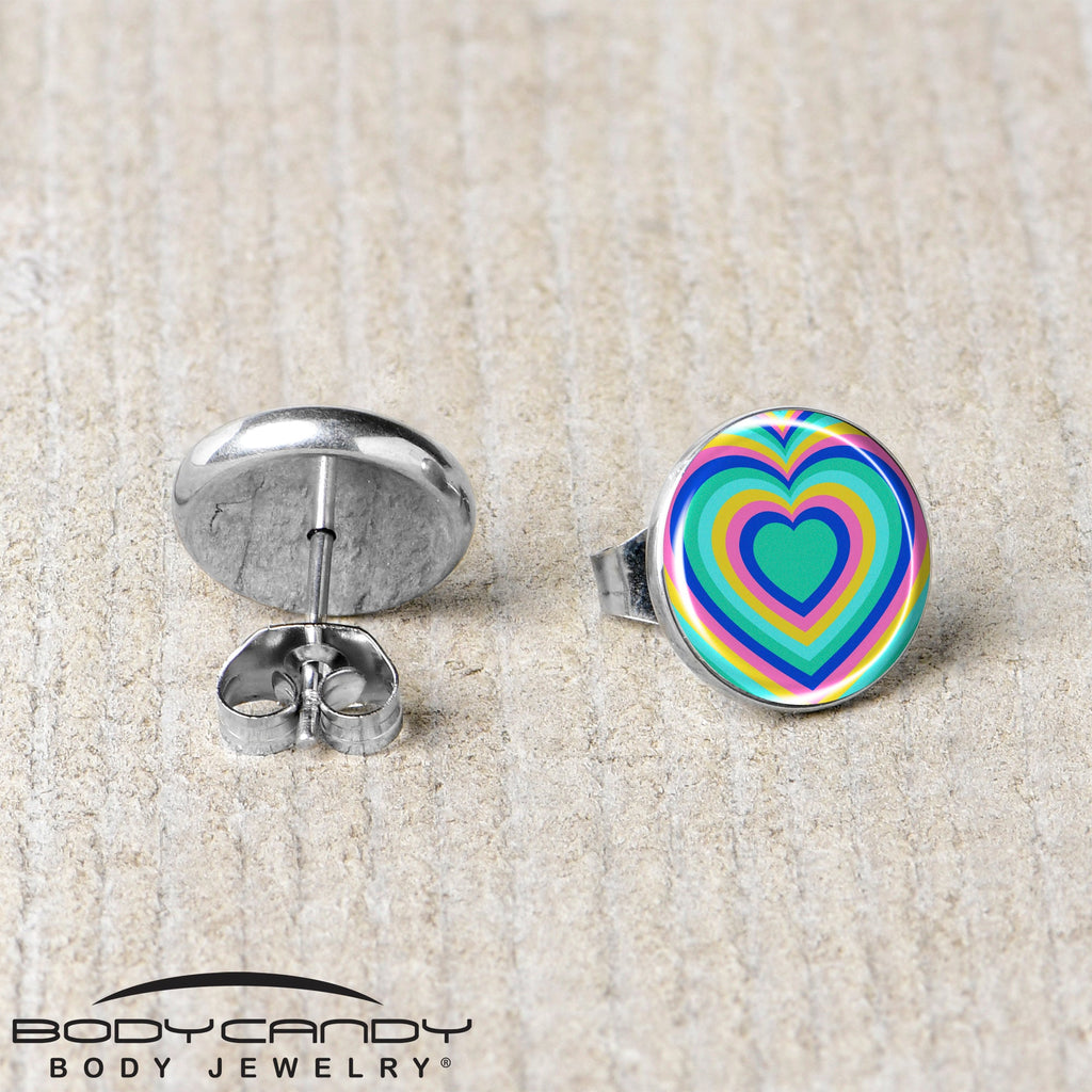 BodyCandy Rainbow Retro Heart Stud Earrings by Onyx O — back view