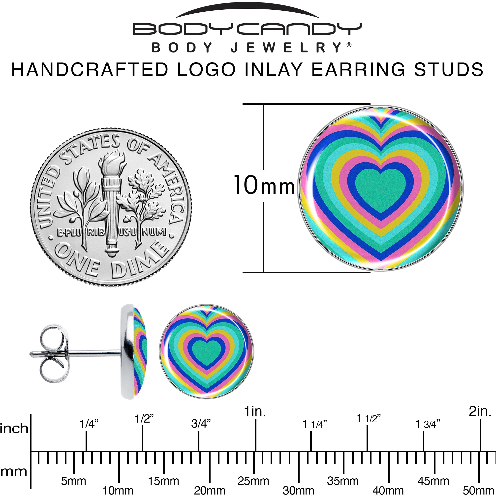 BodyCandy Rainbow Retro Heart Stud Earrings by Onyx O — alternative angle