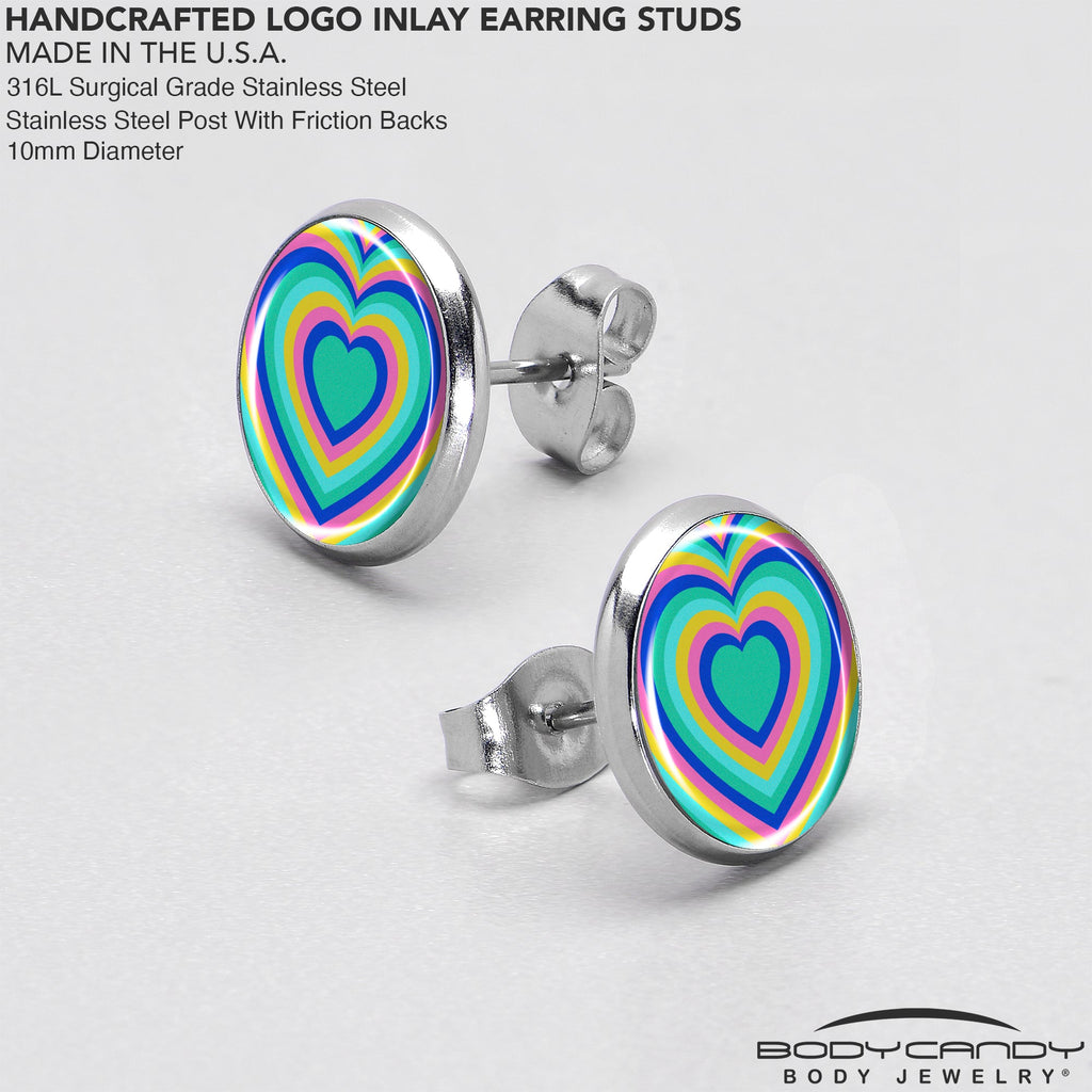 BodyCandy Rainbow Retro Heart Stud Earrings by Onyx O — in-use photo