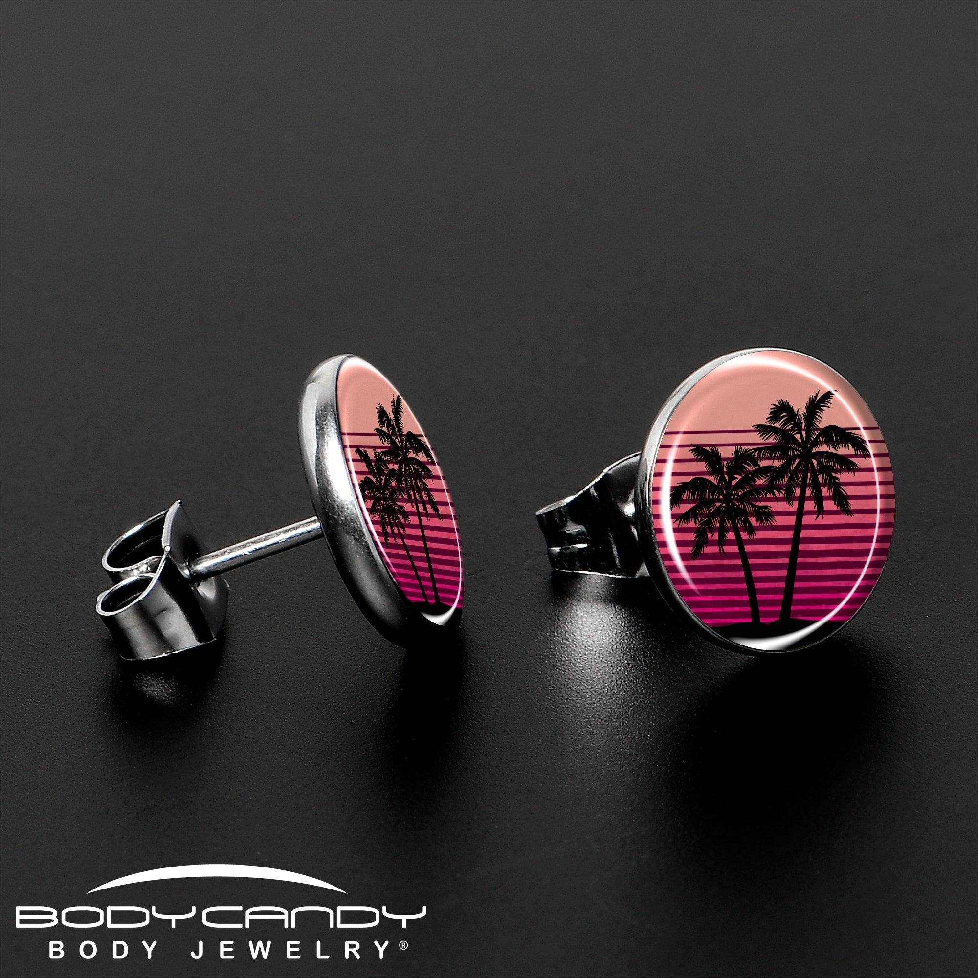 BodyCandy Palm Tree Retro Sunset Stud Earrings by Onyx O — lifestyle context