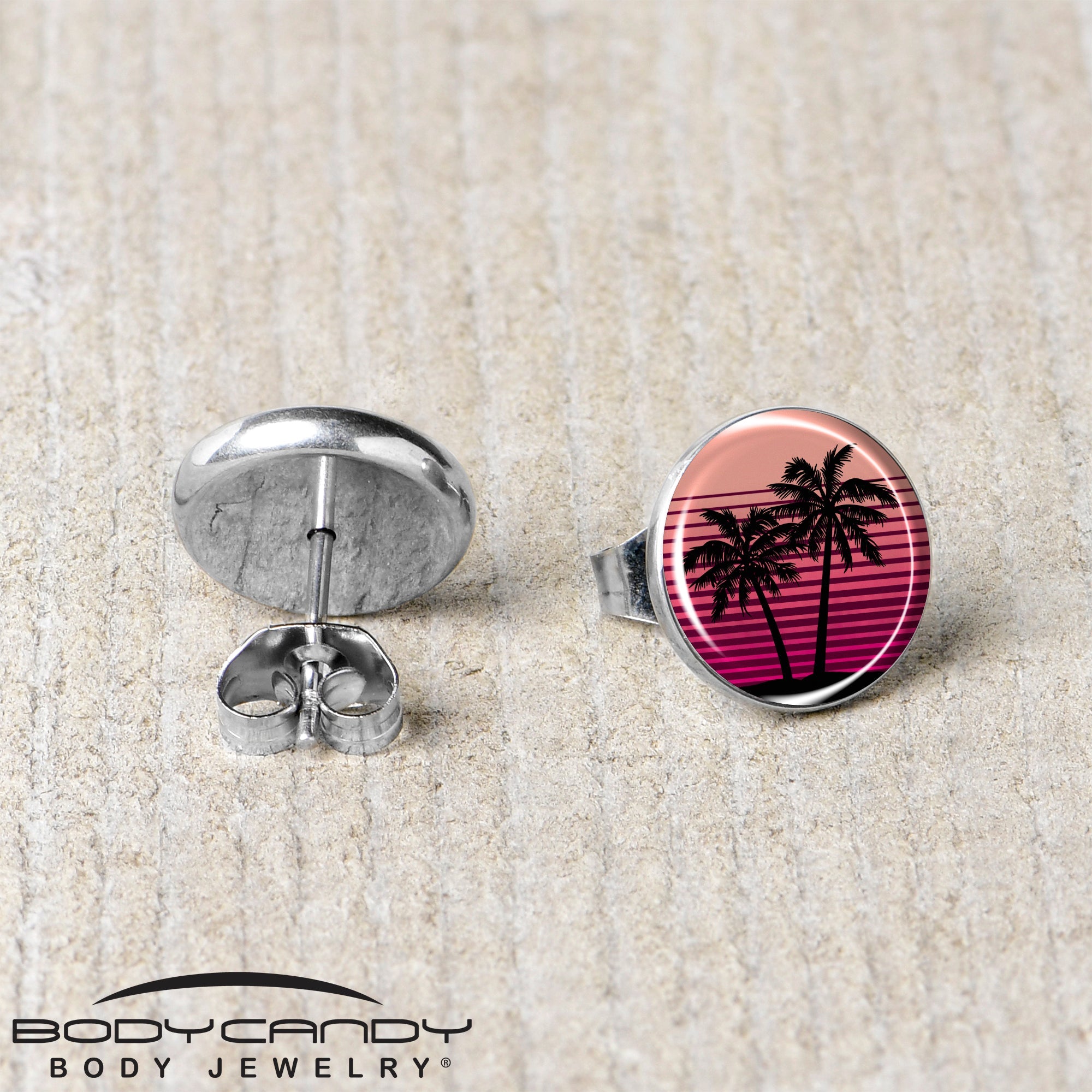 BodyCandy Palm Tree Retro Sunset Stud Earrings by Onyx O — back view