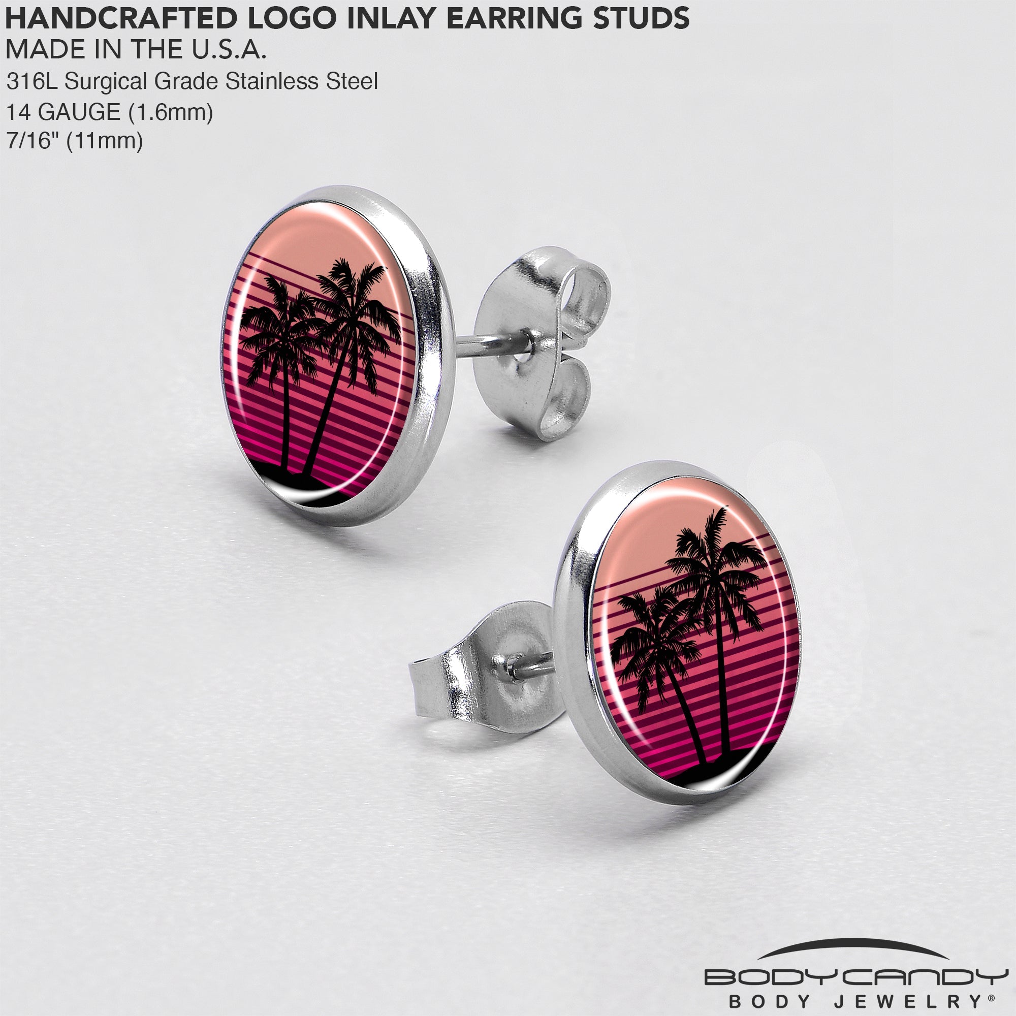 BodyCandy Palm Tree Retro Sunset Stud Earrings by Onyx O — in-use photo