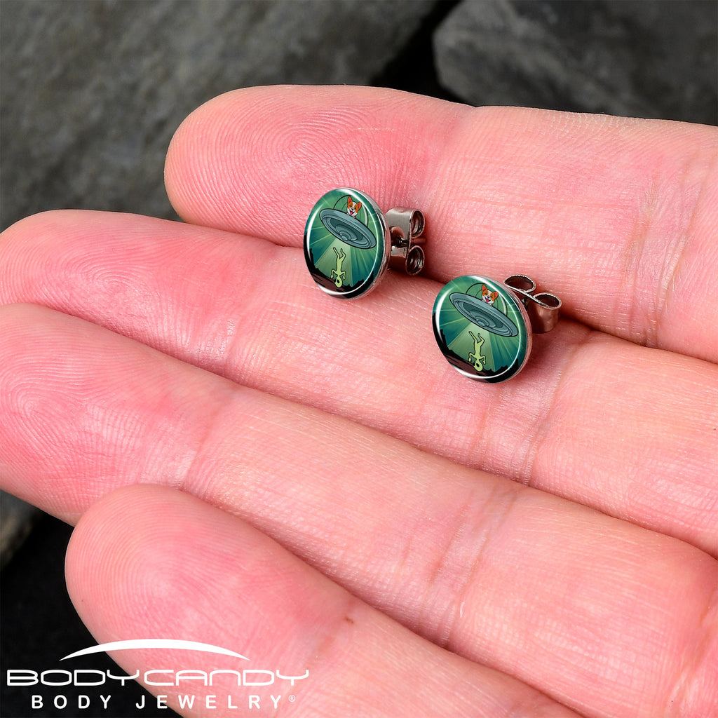 BodyCandy Reverse Alien UFO Abduction Stud Earrings by Onyx O — detail close-up