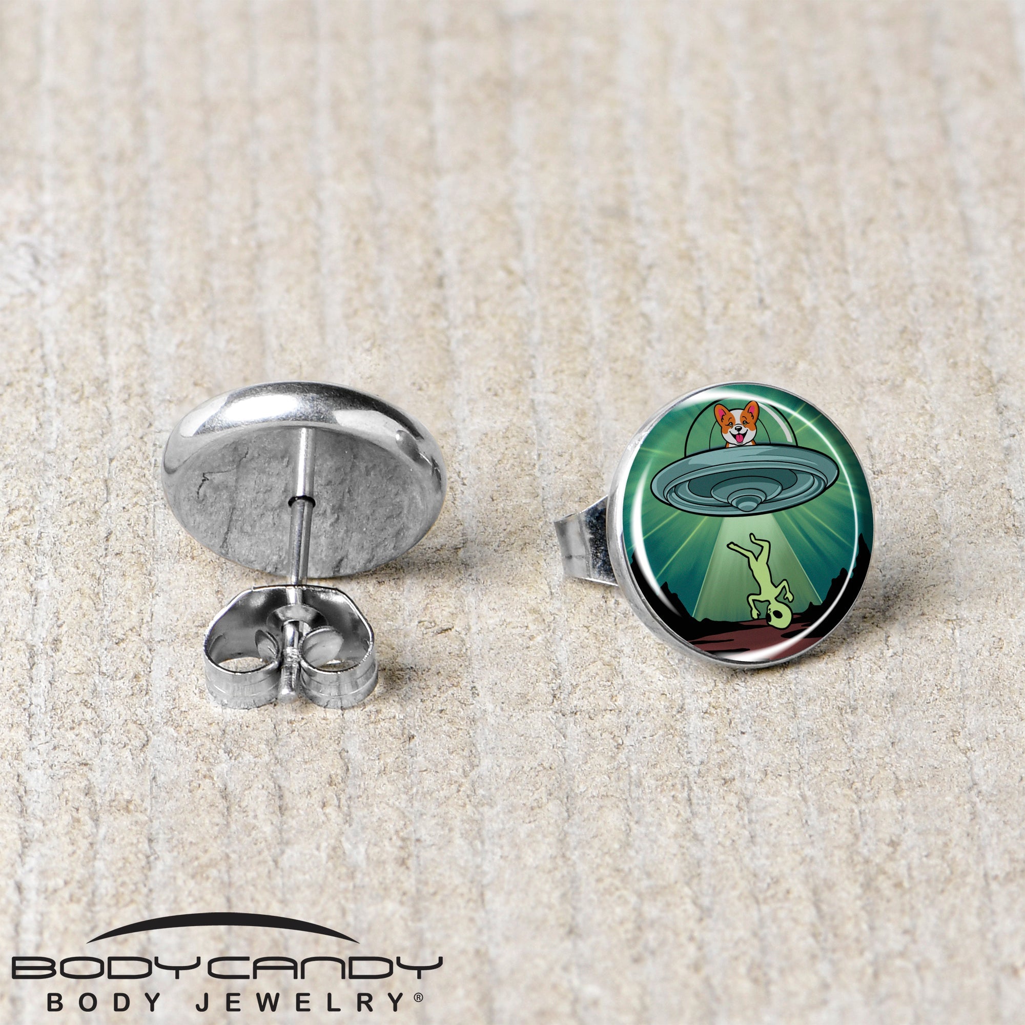 BodyCandy Reverse Alien UFO Abduction Stud Earrings by Onyx O — back view