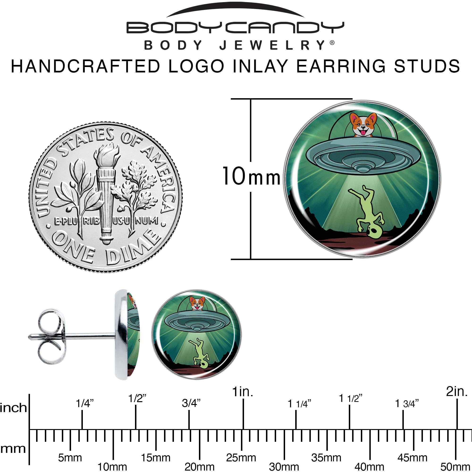 BodyCandy Reverse Alien UFO Abduction Stud Earrings by Onyx O — alternative angle