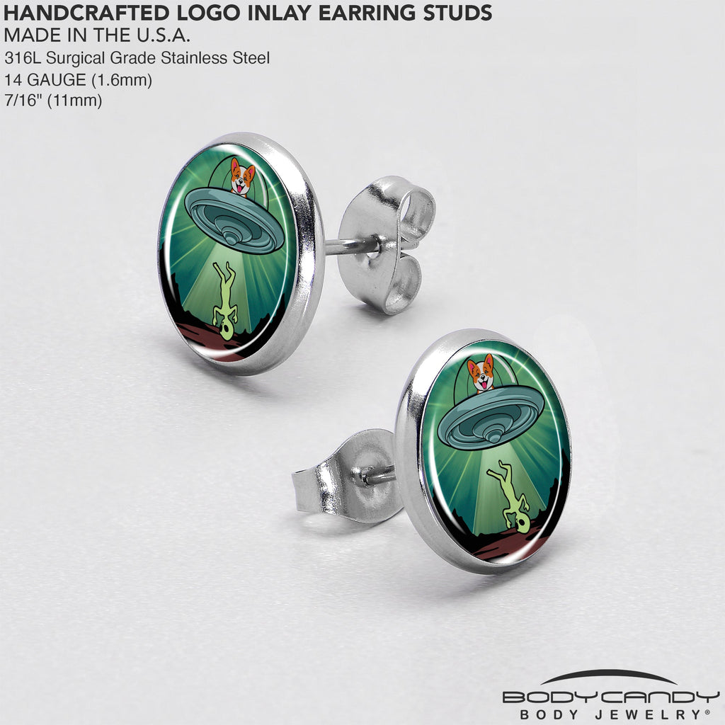 BodyCandy Reverse Alien UFO Abduction Stud Earrings by Onyx O — in-use photo