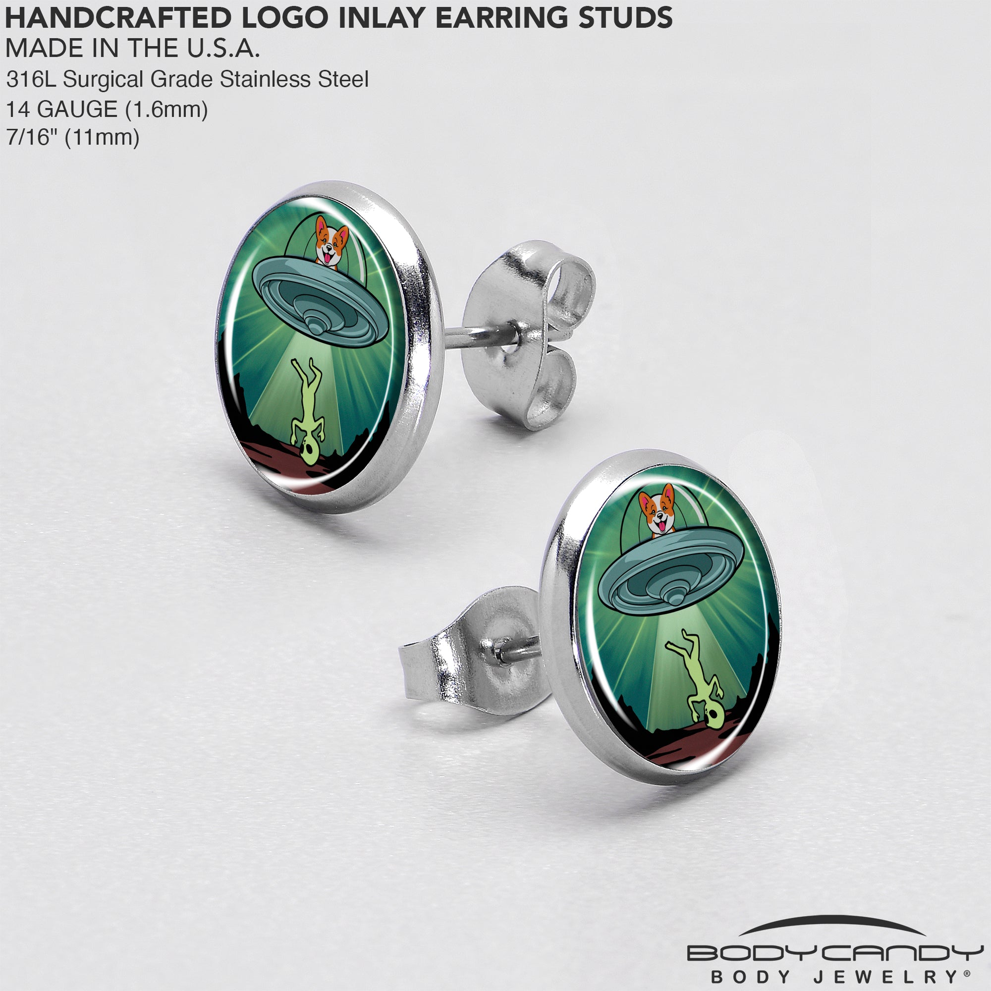 BodyCandy Reverse Alien UFO Abduction Stud Earrings by Onyx O — in-use photo