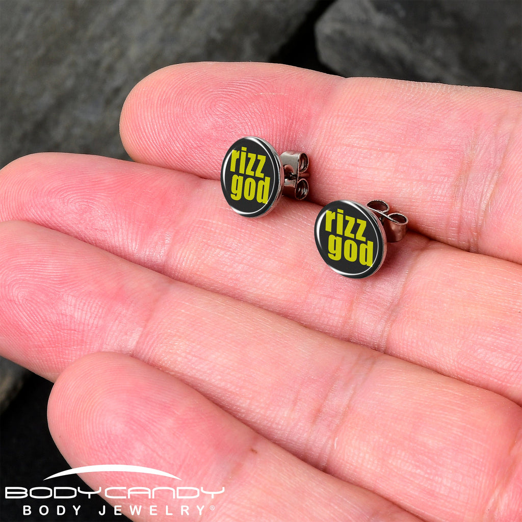 BodyCandy RIZZ GOD Stud Earrings by Onyx O — detail close-up