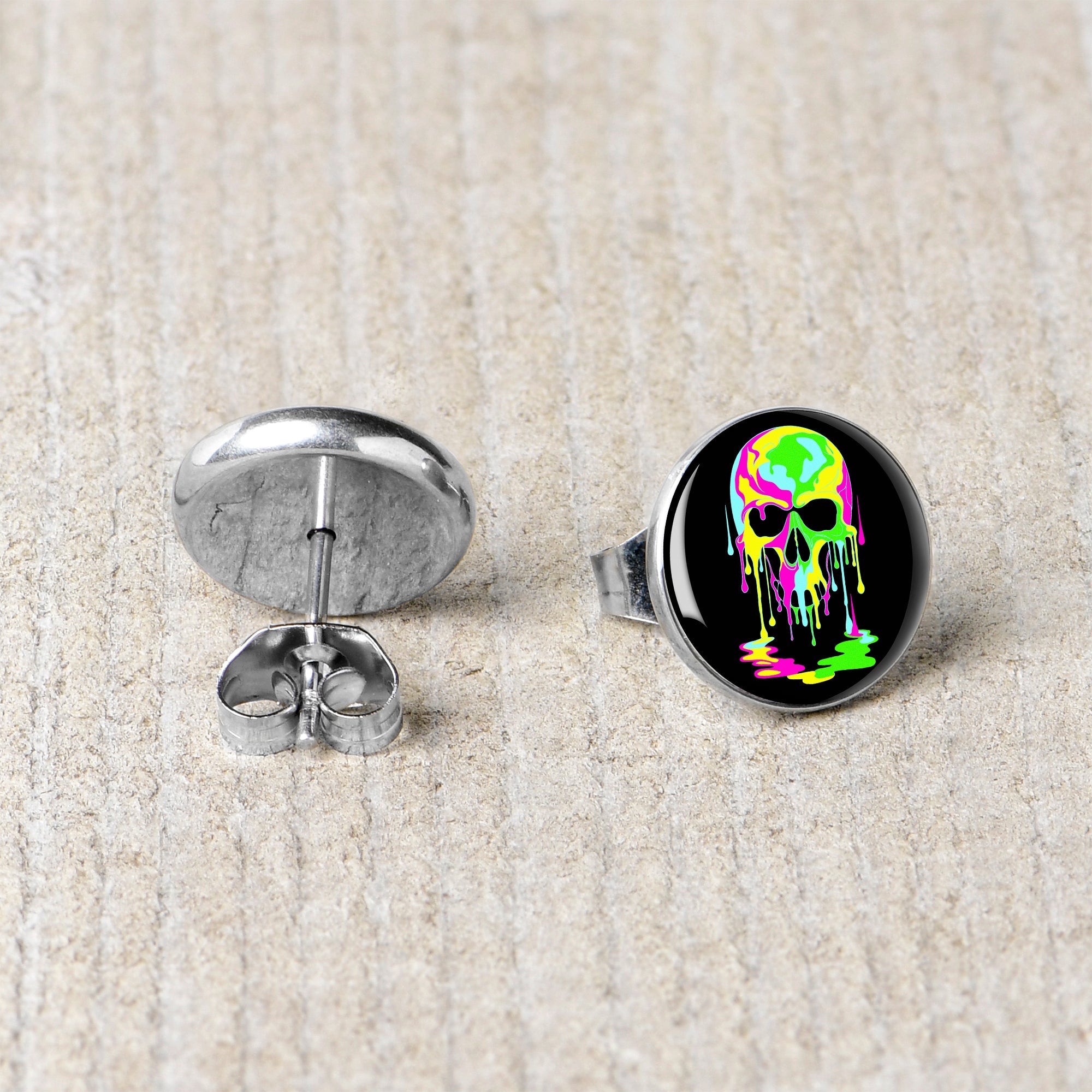 BodyCandy Ultra Bright Melting Skull Stud Earrings by Onyx O — back view