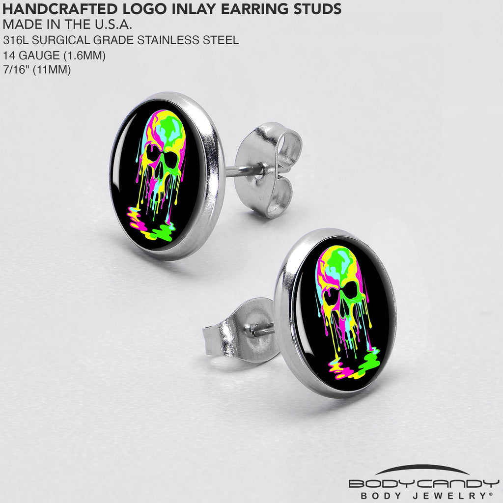 BodyCandy Ultra Bright Melting Skull Stud Earrings by Onyx O — in-use photo