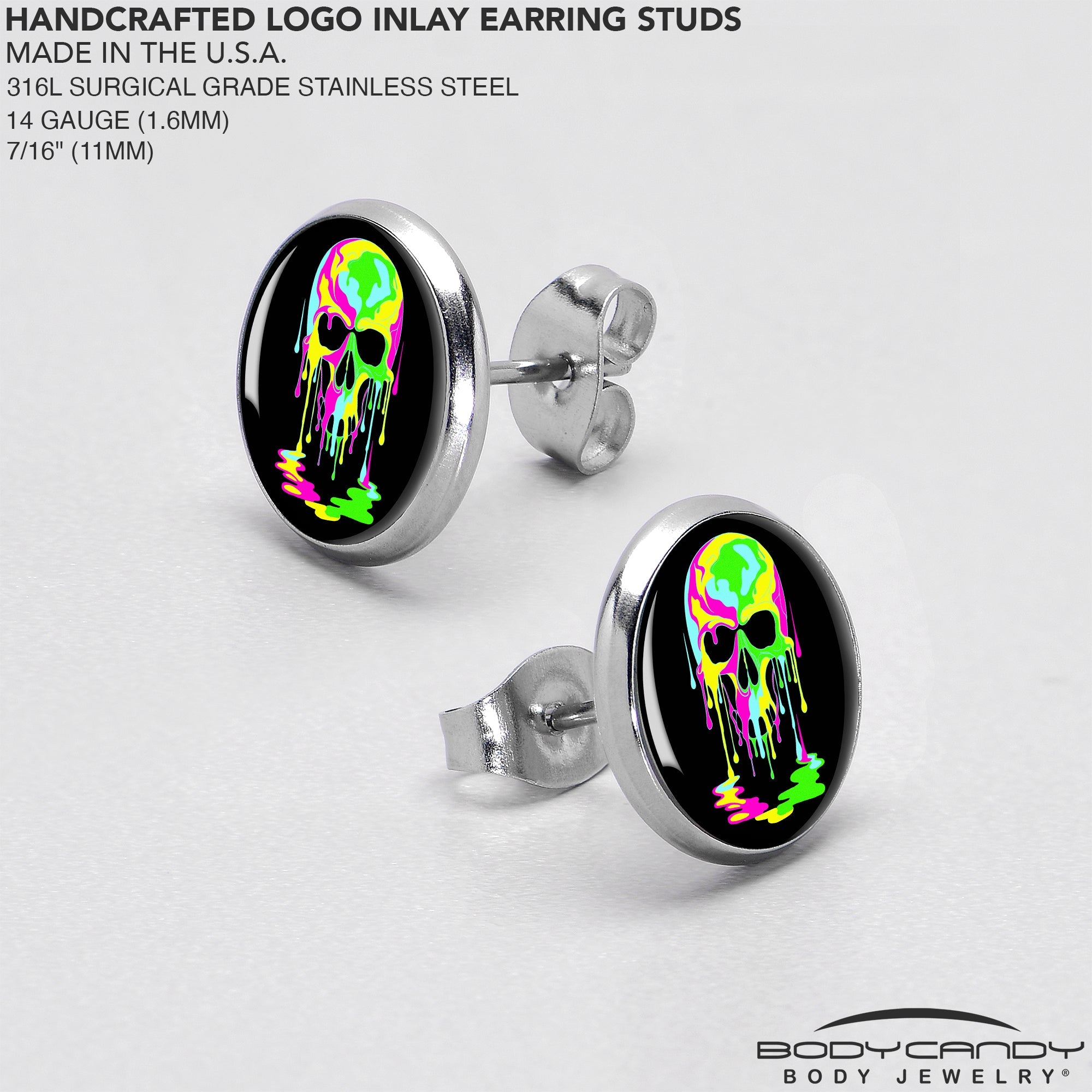 BodyCandy Ultra Bright Melting Skull Stud Earrings by Onyx O — in-use photo