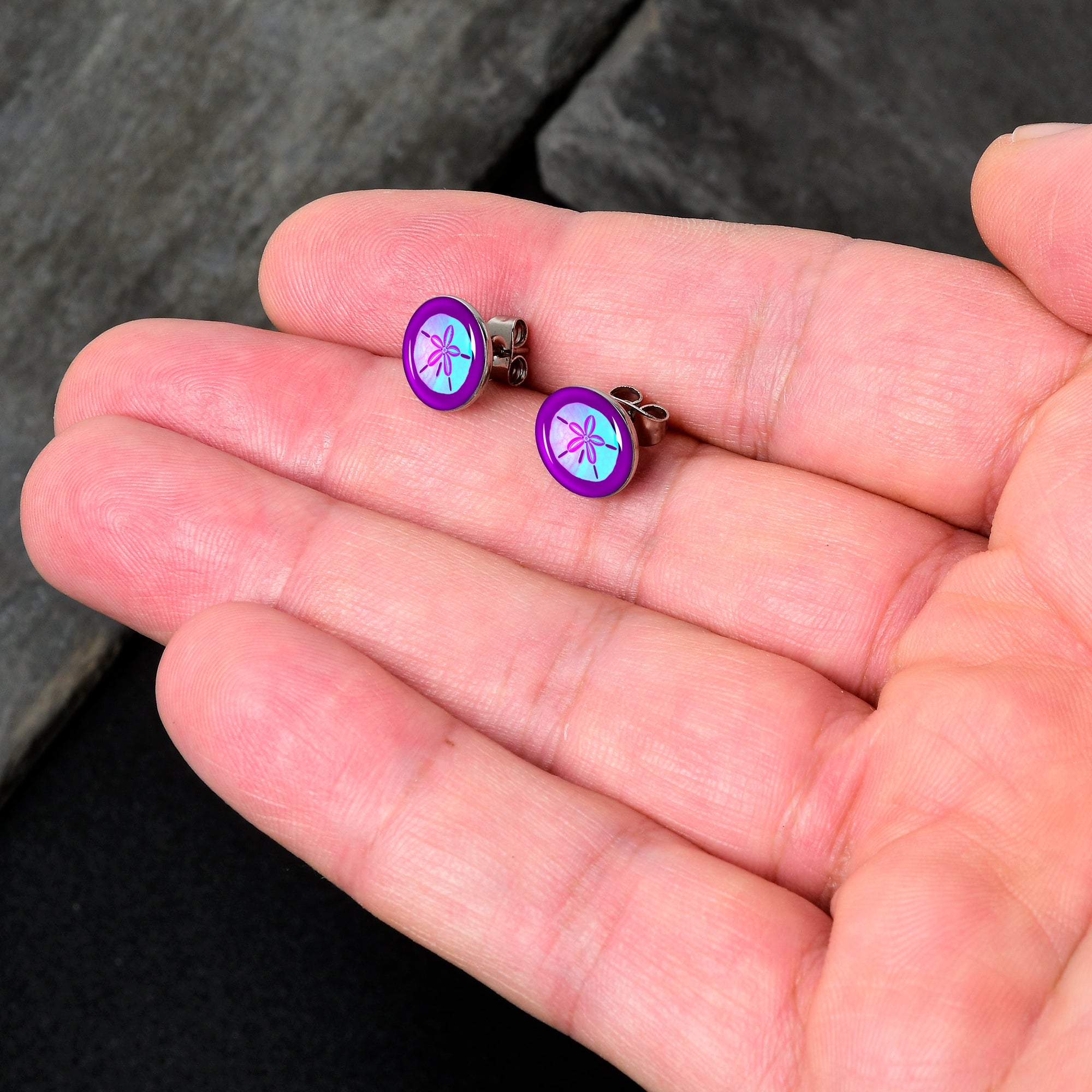 BodyCandy Purple Nautical Sand Dollar Stud Earrings by Onyx O — detail close-up