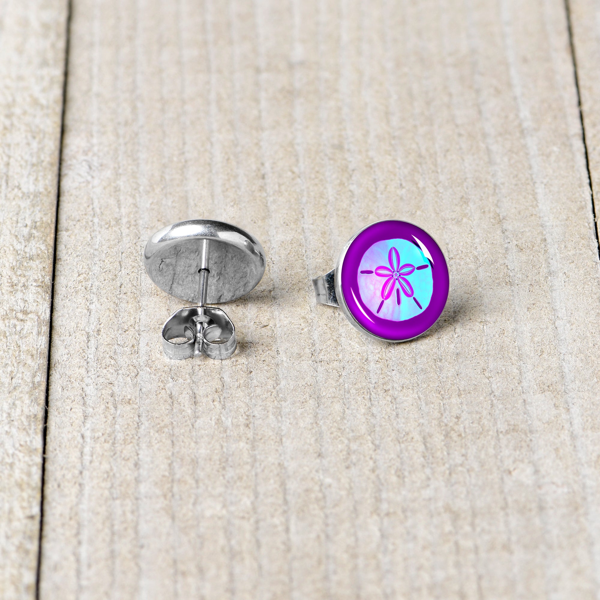 BodyCandy Purple Nautical Sand Dollar Stud Earrings by Onyx O — back view