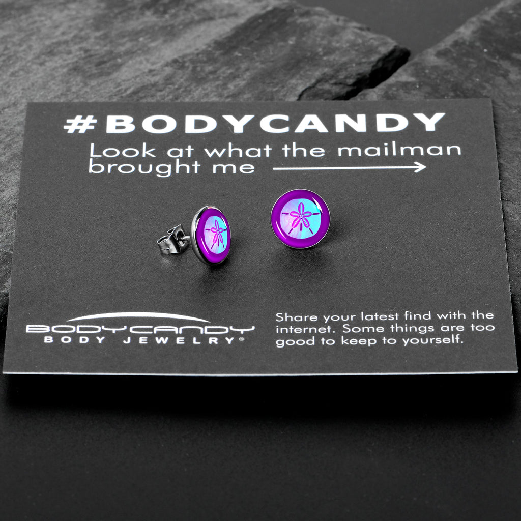 BodyCandy Purple Nautical Sand Dollar Stud Earrings by Onyx O — in-use photo