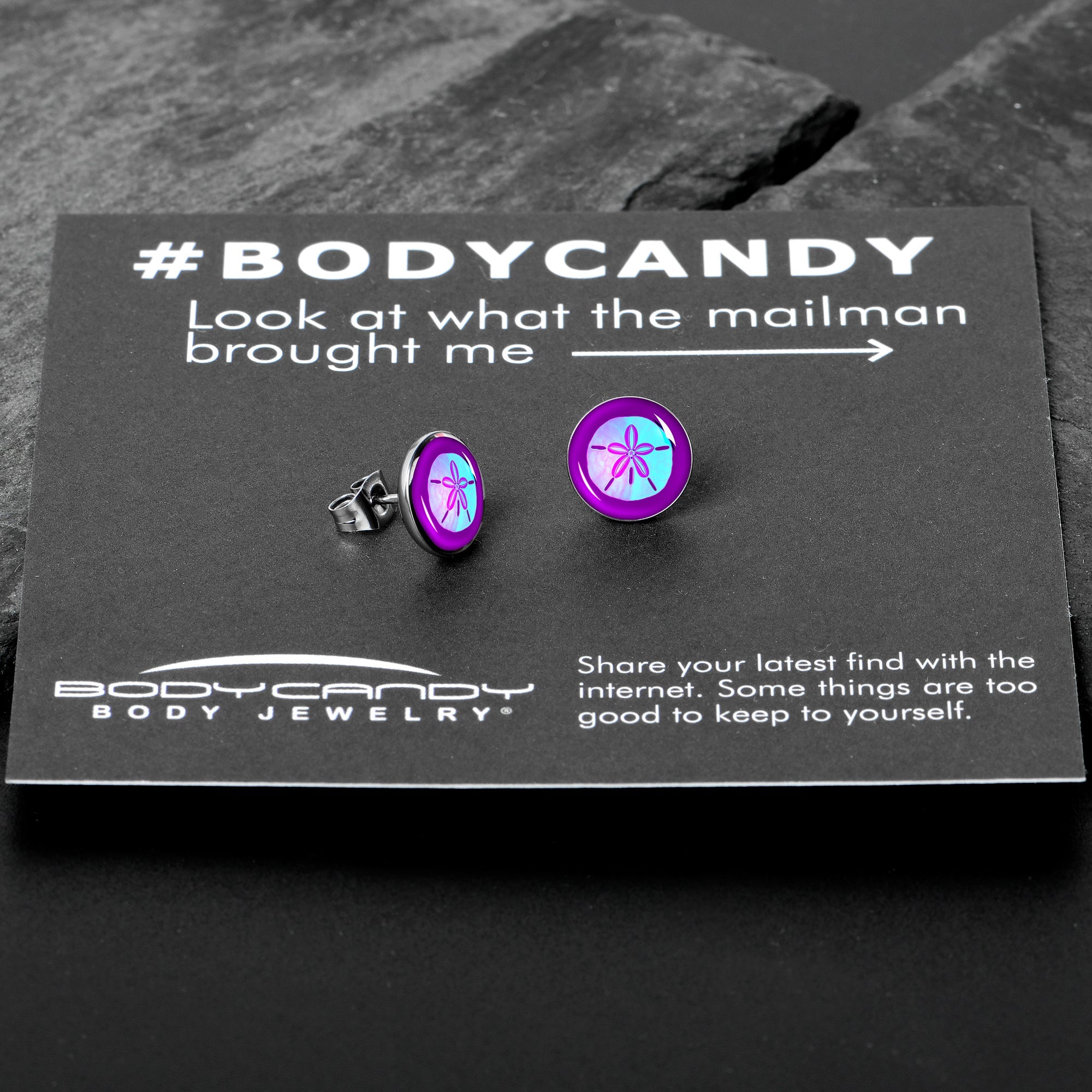 BodyCandy Purple Nautical Sand Dollar Stud Earrings by Onyx O — in-use photo