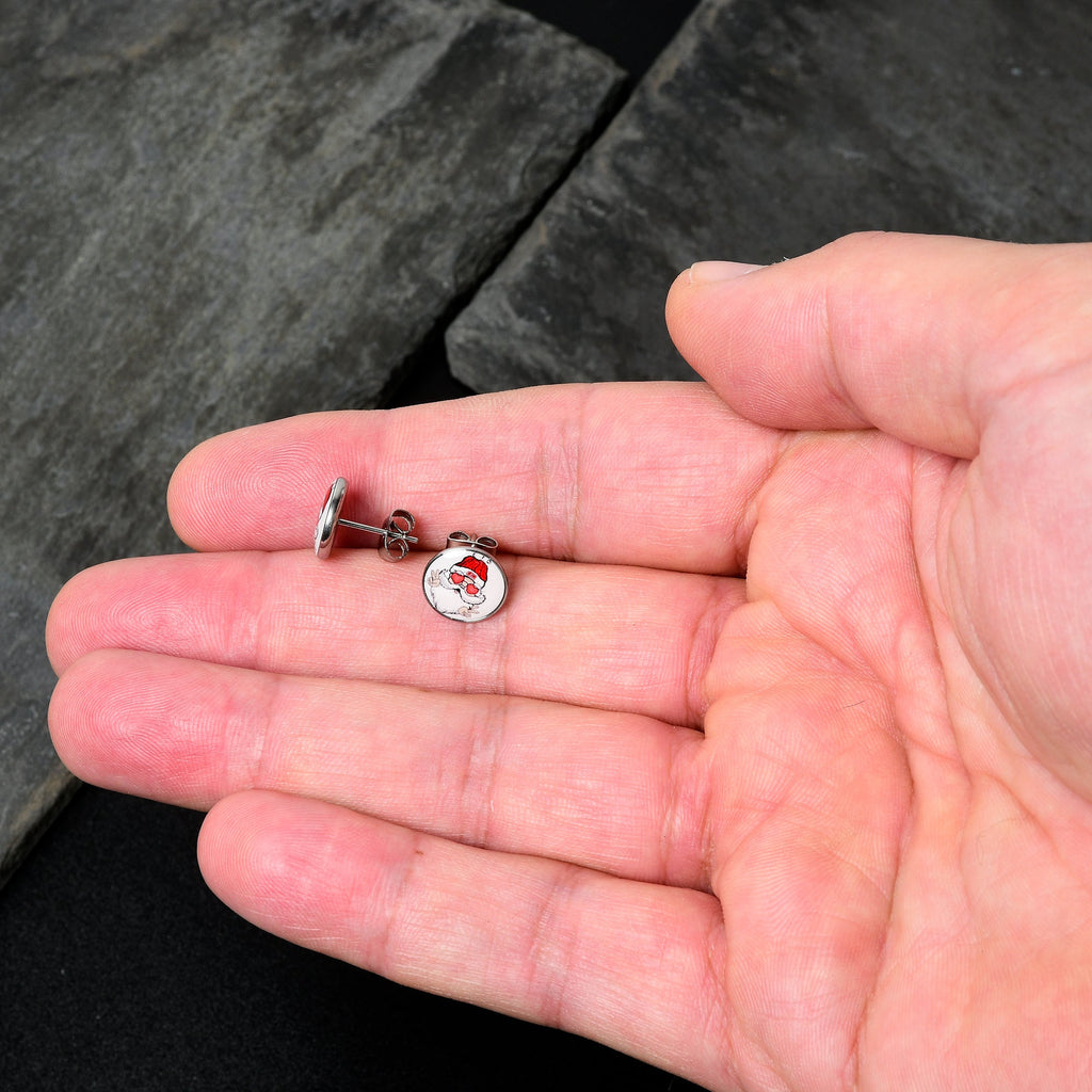 BodyCandy Christmas Peace Love Santa Stud Earrings by Onyx O — detail close-up