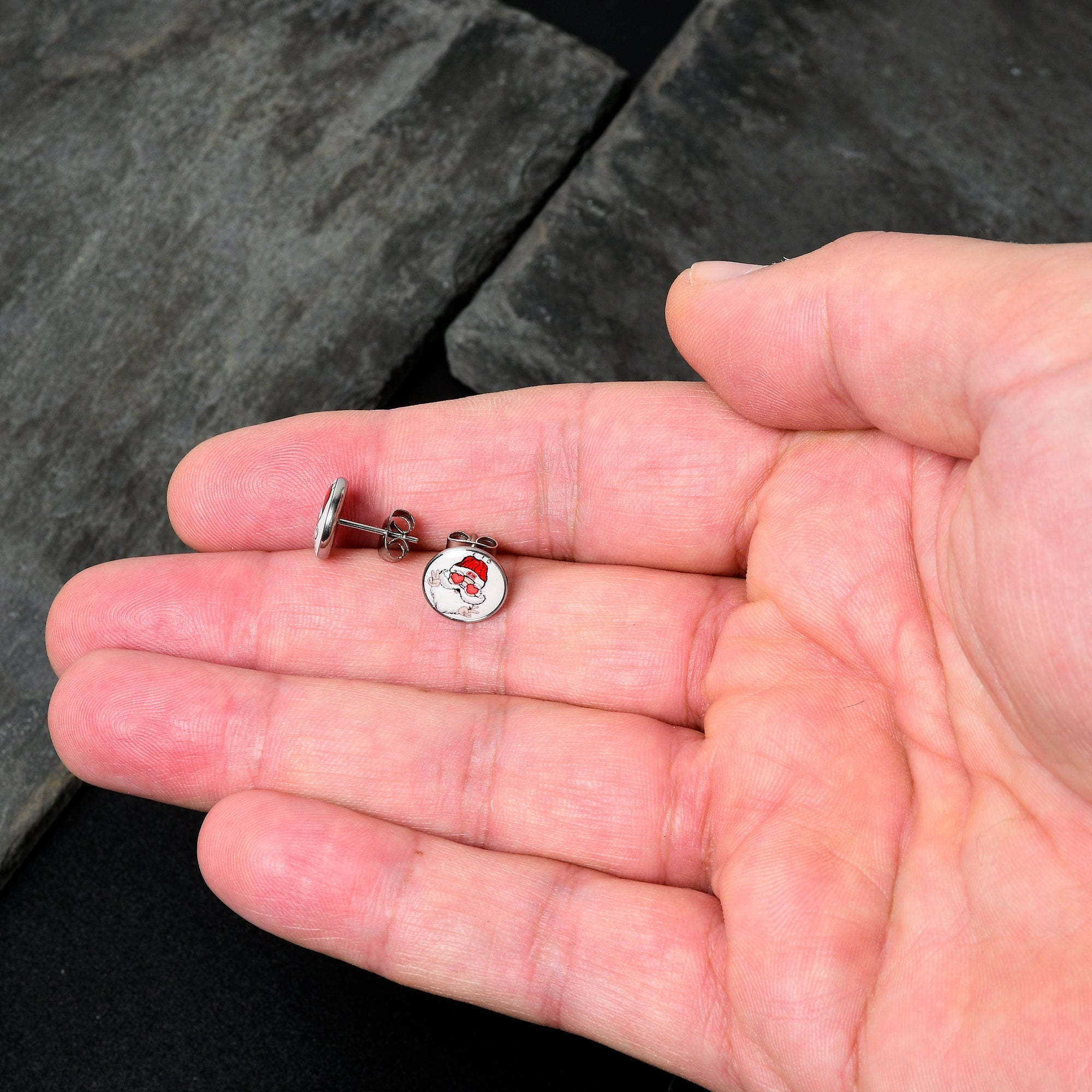 BodyCandy Christmas Peace Love Santa Stud Earrings by Onyx O — detail close-up