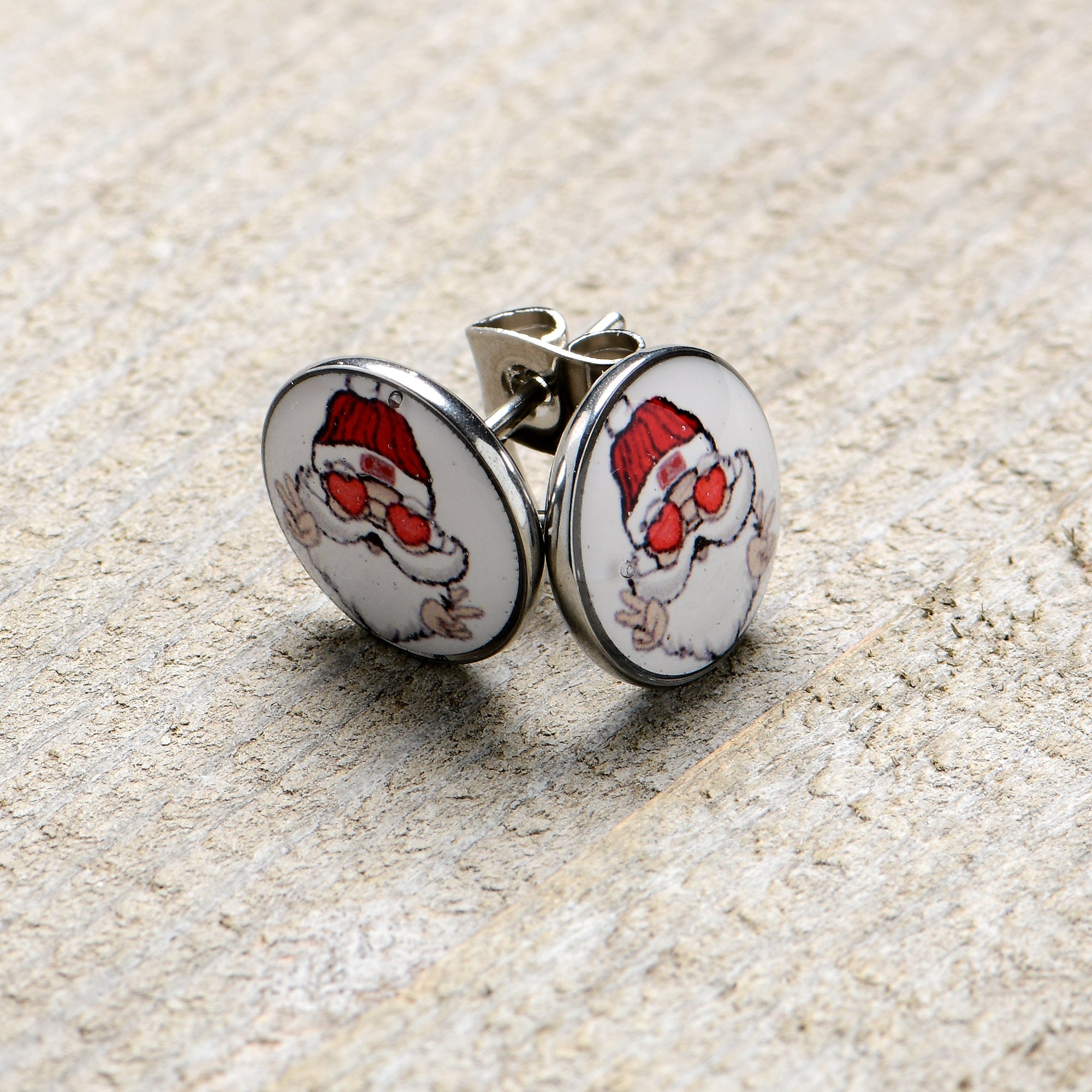 BodyCandy Christmas Peace Love Santa Stud Earrings by Onyx O — lifestyle context