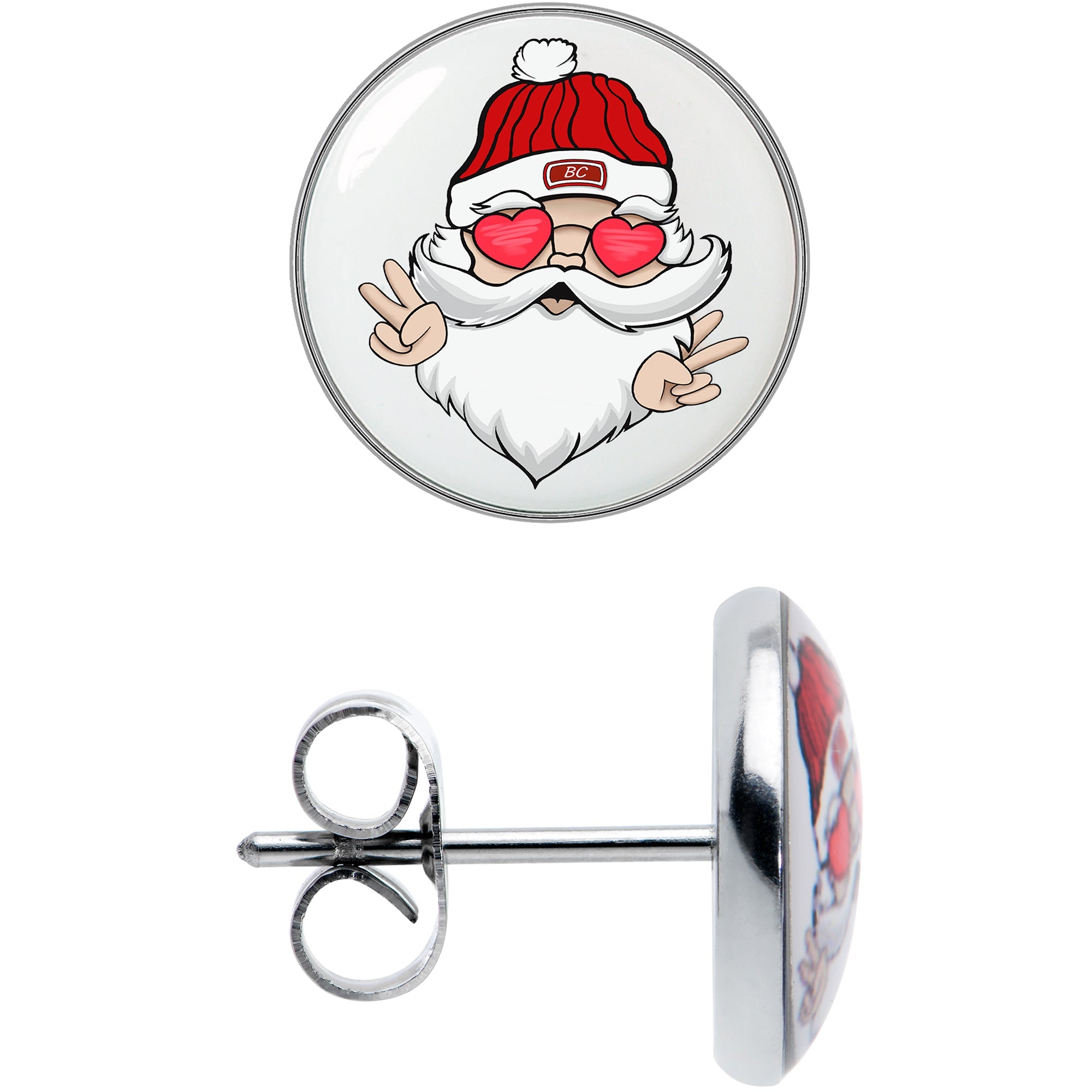 BodyCandy Christmas Peace Love Santa Stud Earrings by Onyx O — in-use photo