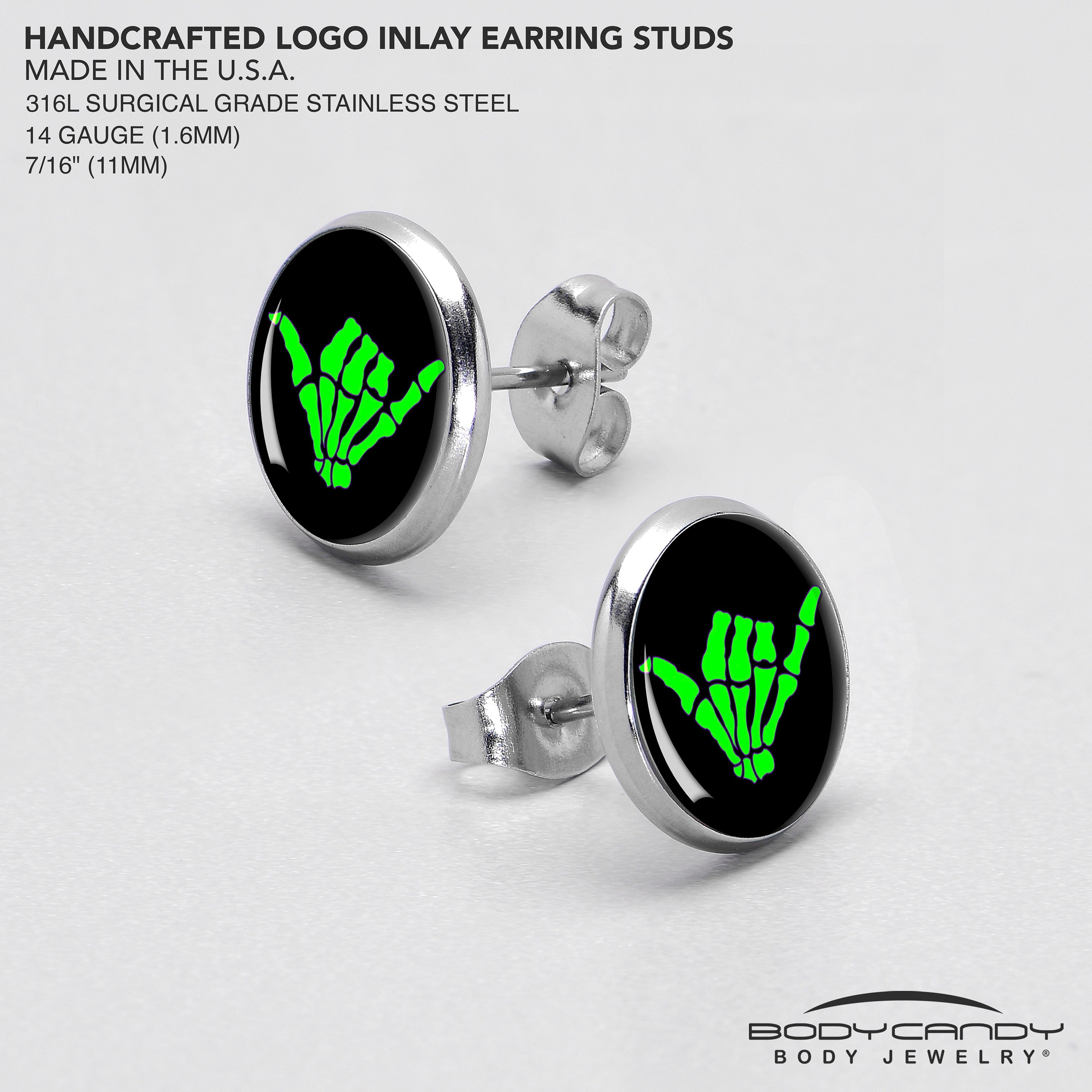 BodyCandy Shaka Hand Stud Earrings by Onyx O — in-use photo