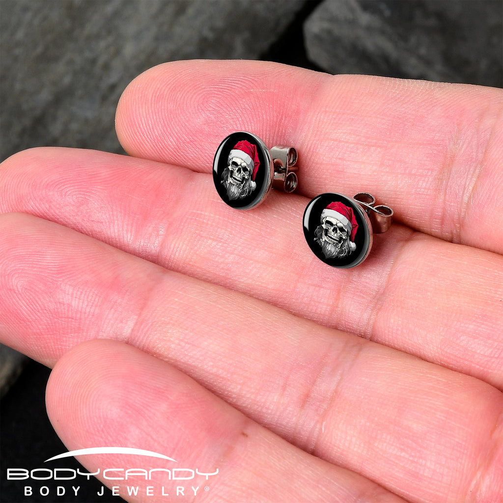 BodyCandy Holiday Skeleton Santa Claus Stud Earrings by Onyx O — detail close-up