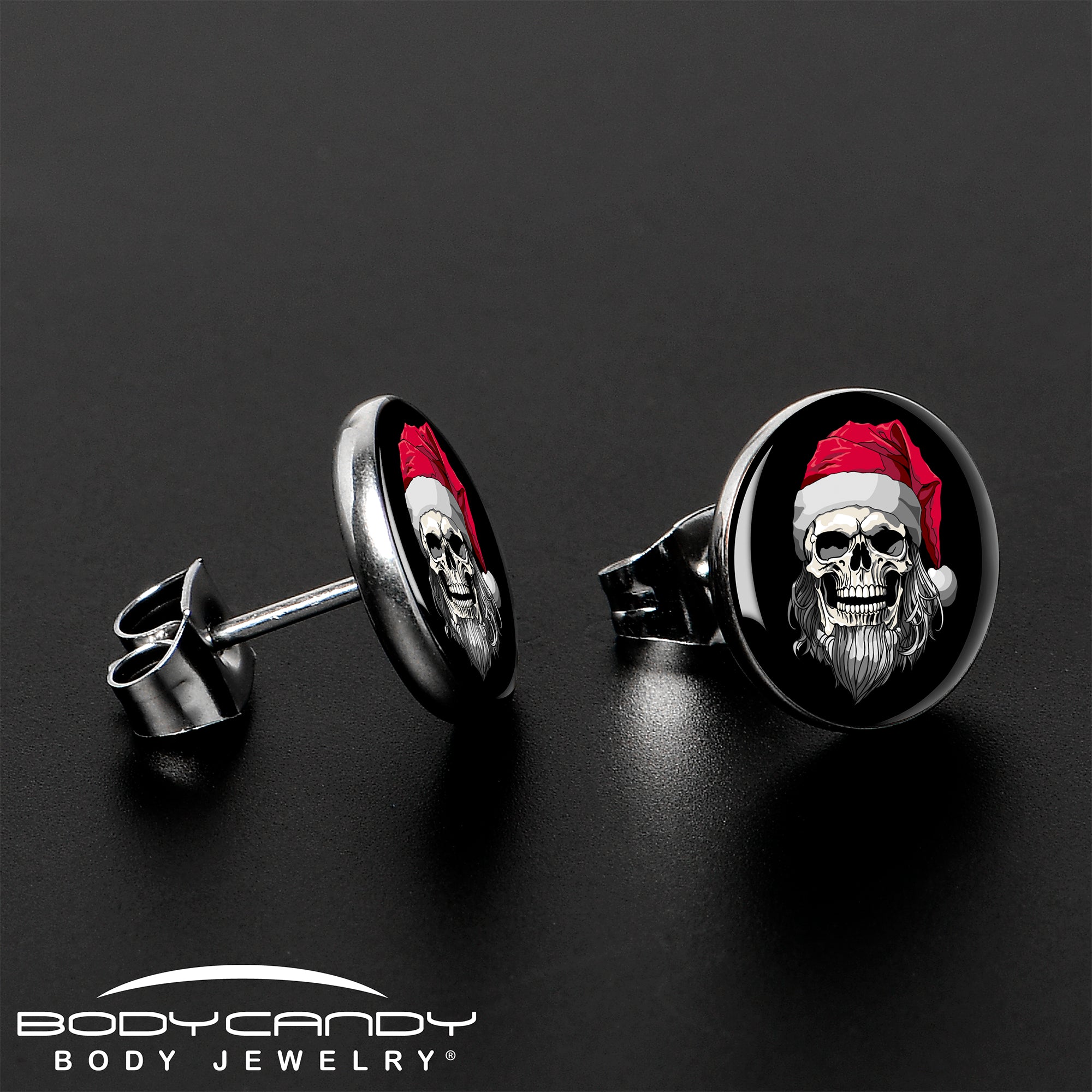 BodyCandy Holiday Skeleton Santa Claus Stud Earrings by Onyx O — lifestyle context