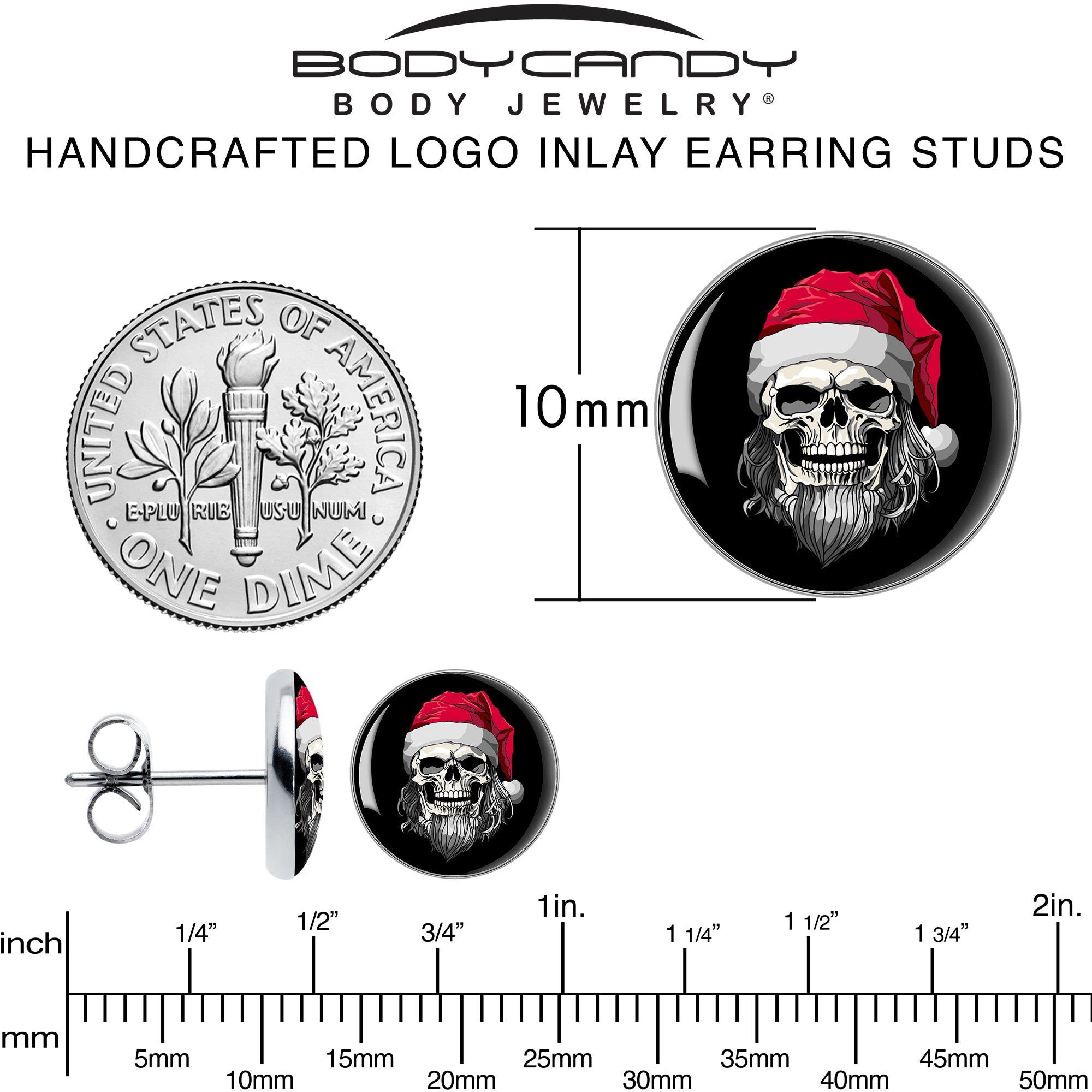 BodyCandy Holiday Skeleton Santa Claus Stud Earrings by Onyx O — back view