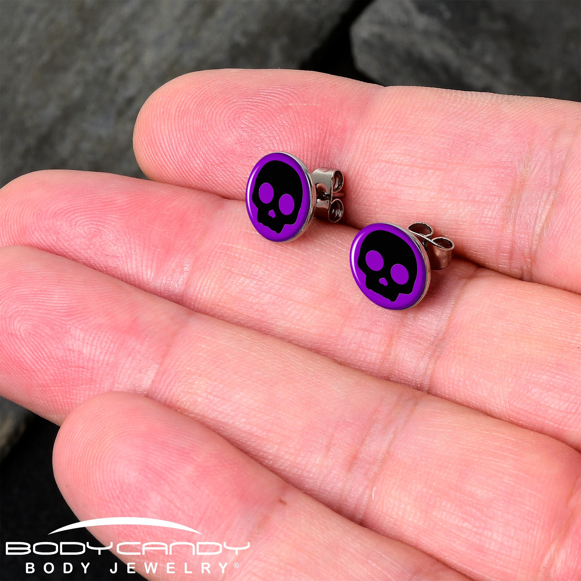 BodyCandy Purple Black Simple Skull Stud Earrings by Onyx O — detail close-up