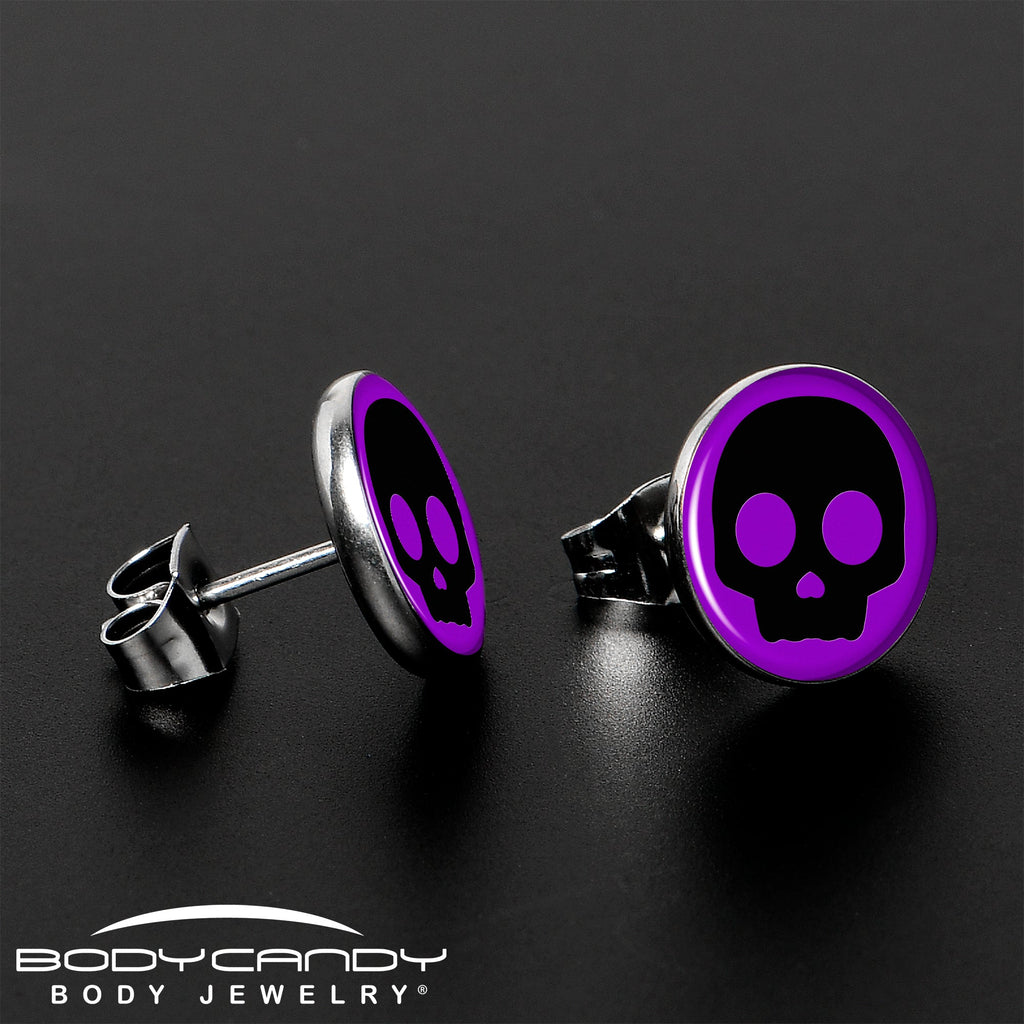 BodyCandy Purple Black Simple Skull Stud Earrings by Onyx O — lifestyle context