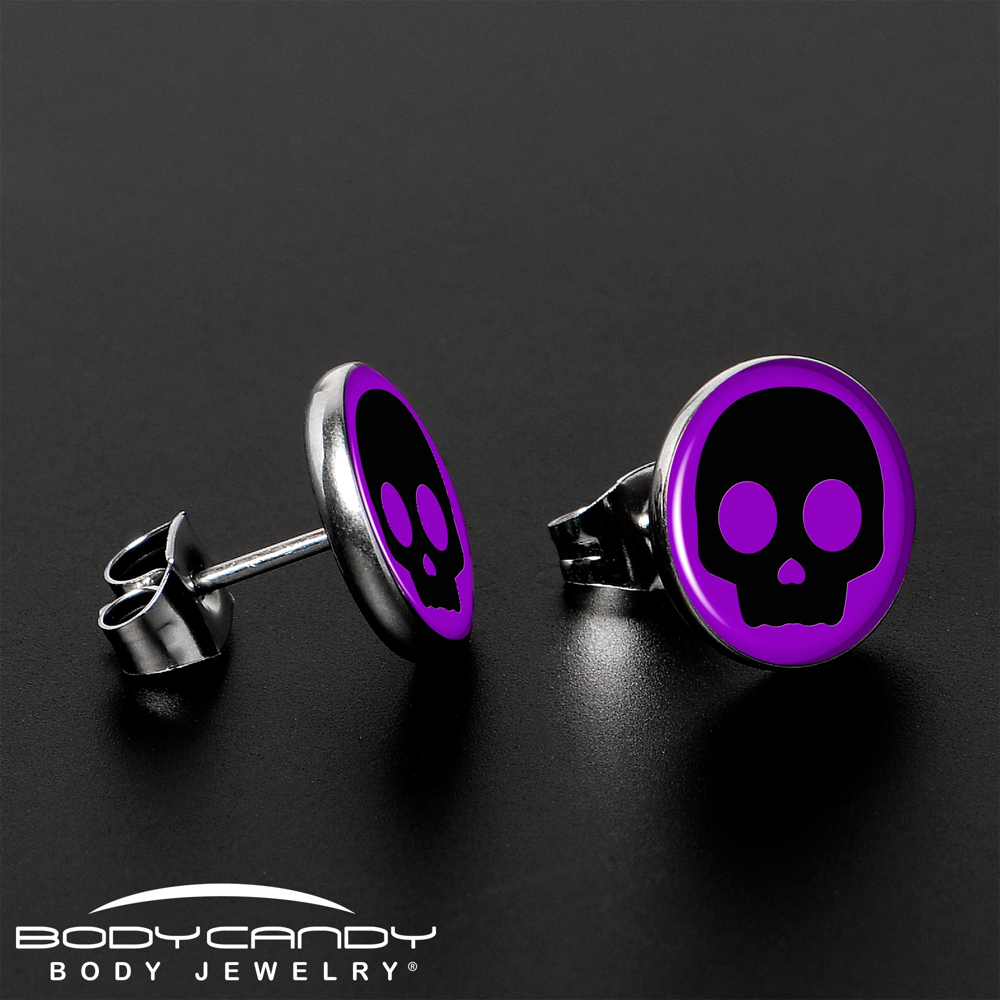 BodyCandy Purple Black Simple Skull Stud Earrings by Onyx O — lifestyle context