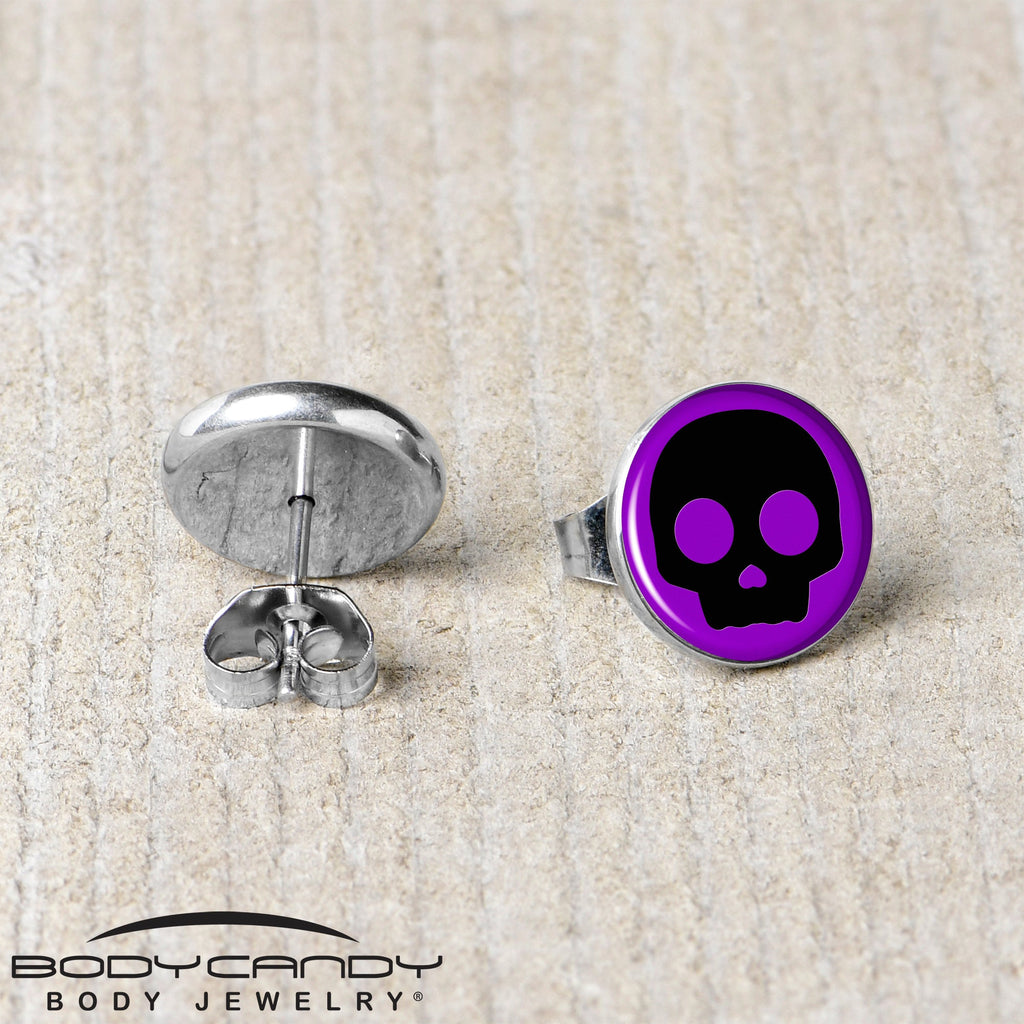 BodyCandy Purple Black Simple Skull Stud Earrings by Onyx O — back view