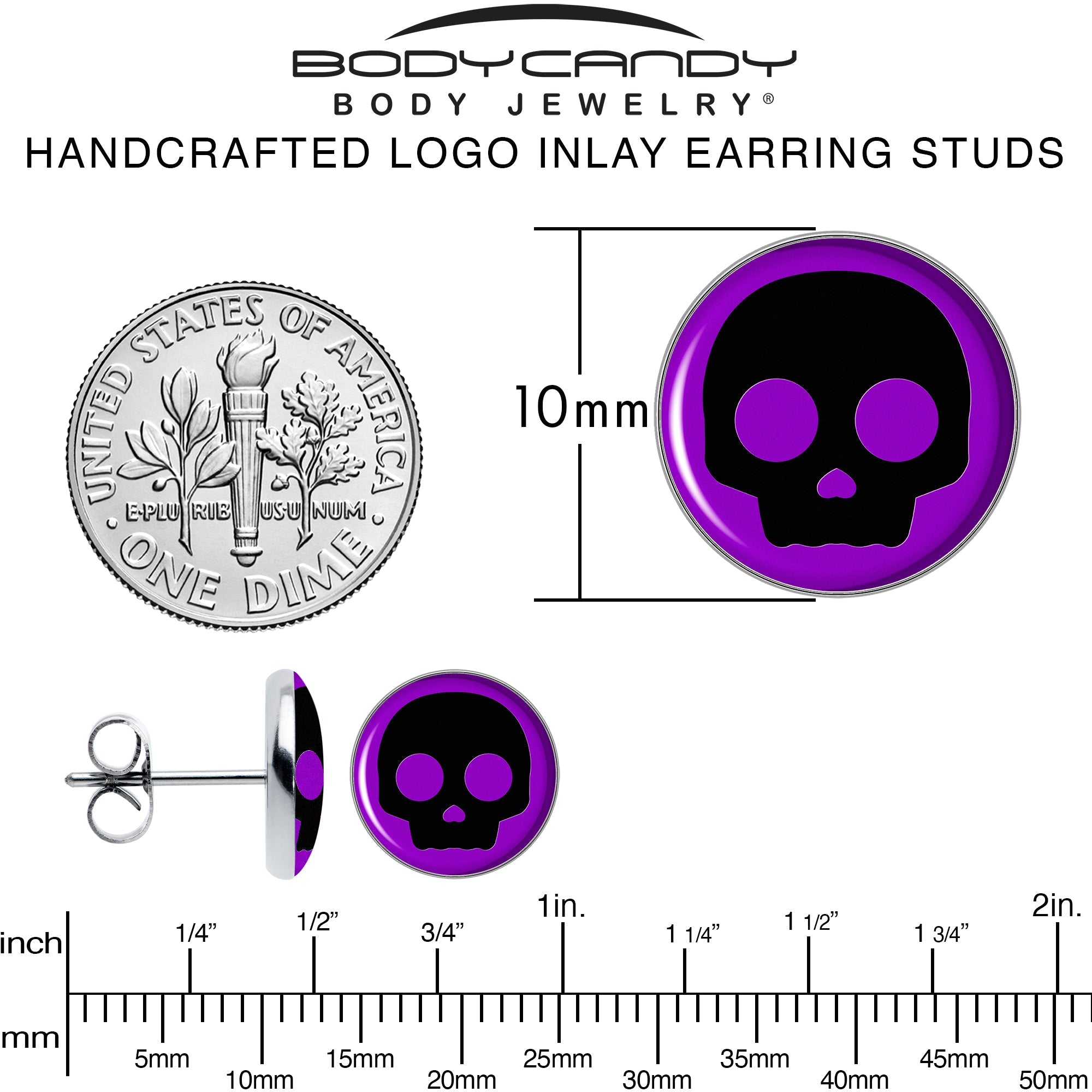 BodyCandy Purple Black Simple Skull Stud Earrings by Onyx O — alternative angle