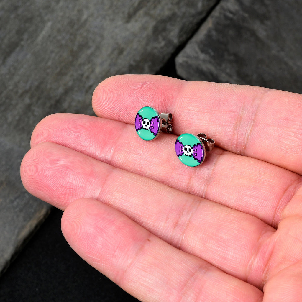 BodyCandy Retro Pixel Skull Stud Earrings by Onyx O — detail close-up