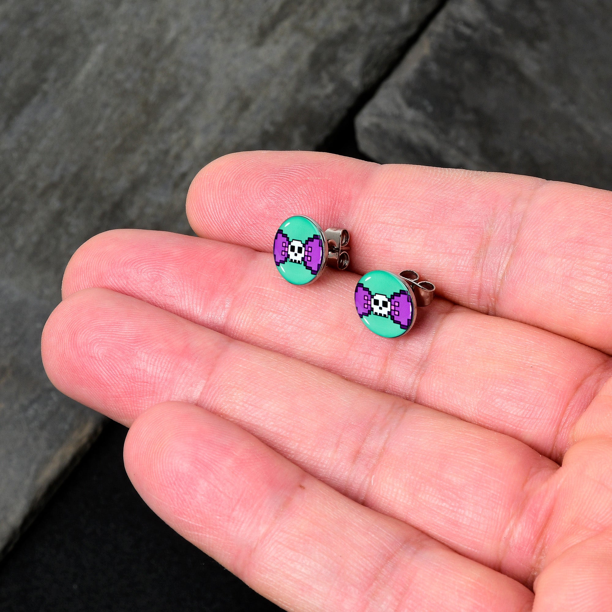 BodyCandy Retro Pixel Skull Stud Earrings by Onyx O — detail close-up