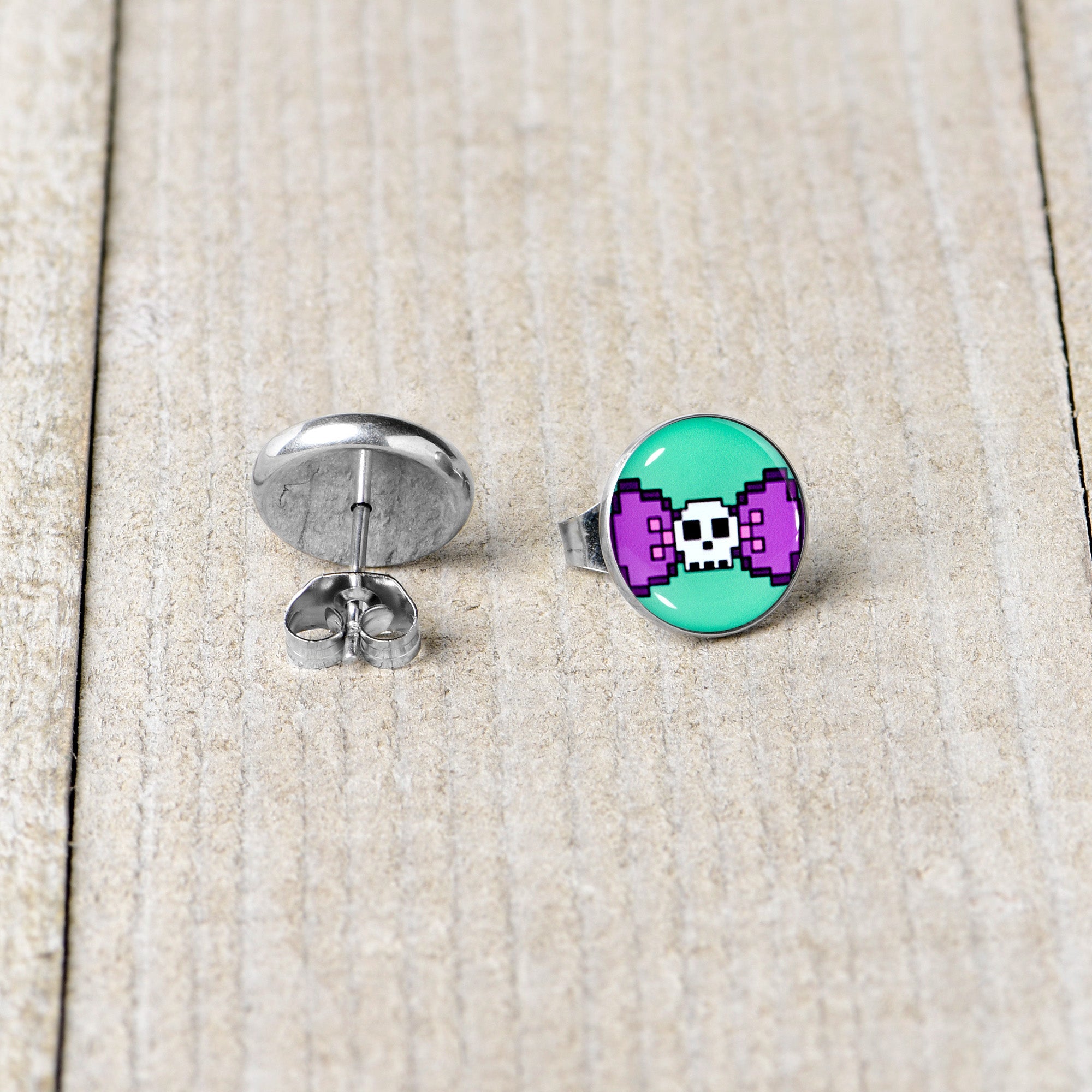 BodyCandy Retro Pixel Skull Stud Earrings by Onyx O — back view