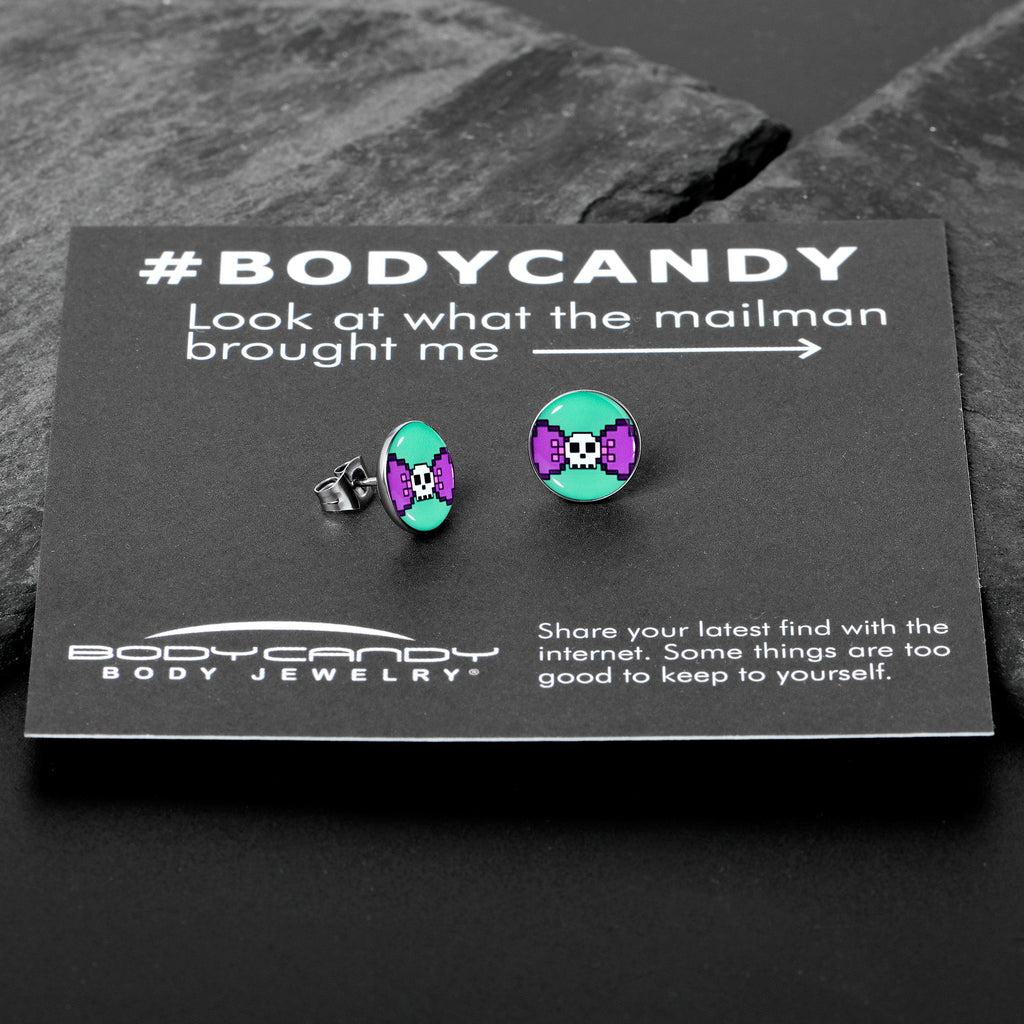BodyCandy Retro Pixel Skull Stud Earrings by Onyx O — in-use photo