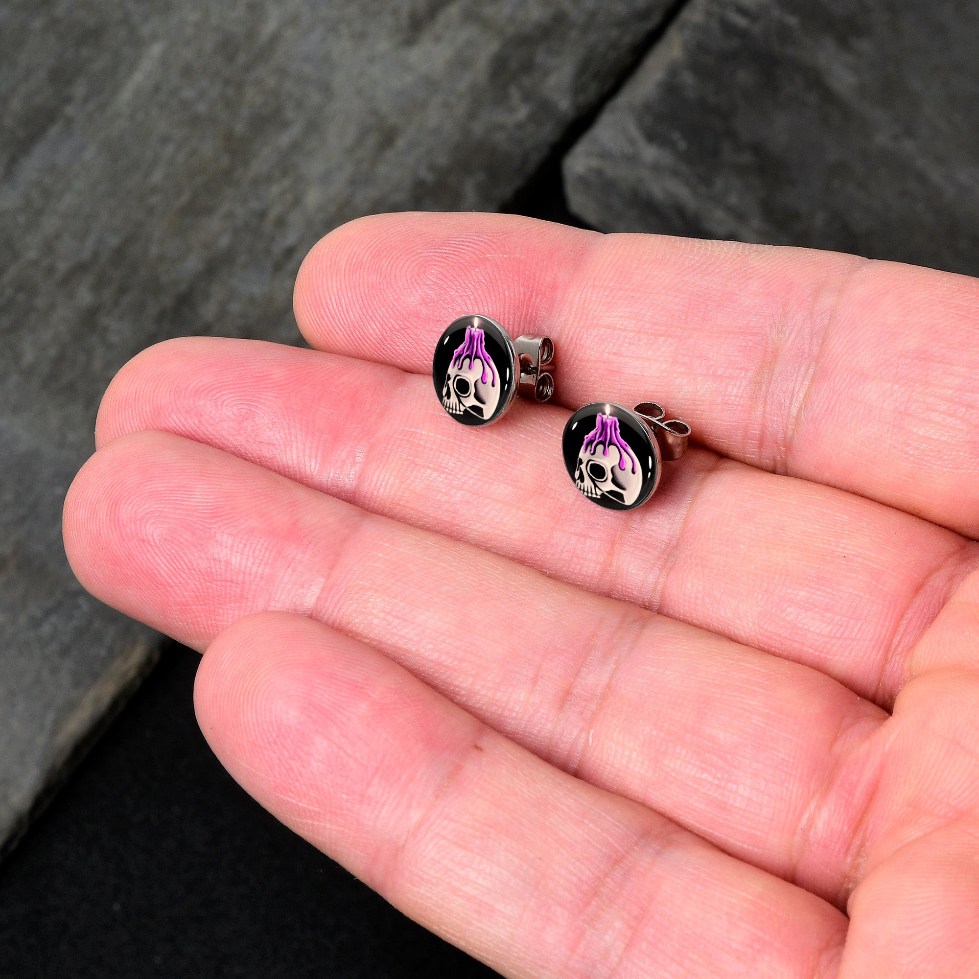 BodyCandy Burning Skull Candle Stud Earrings by Onyx O — detail close-up