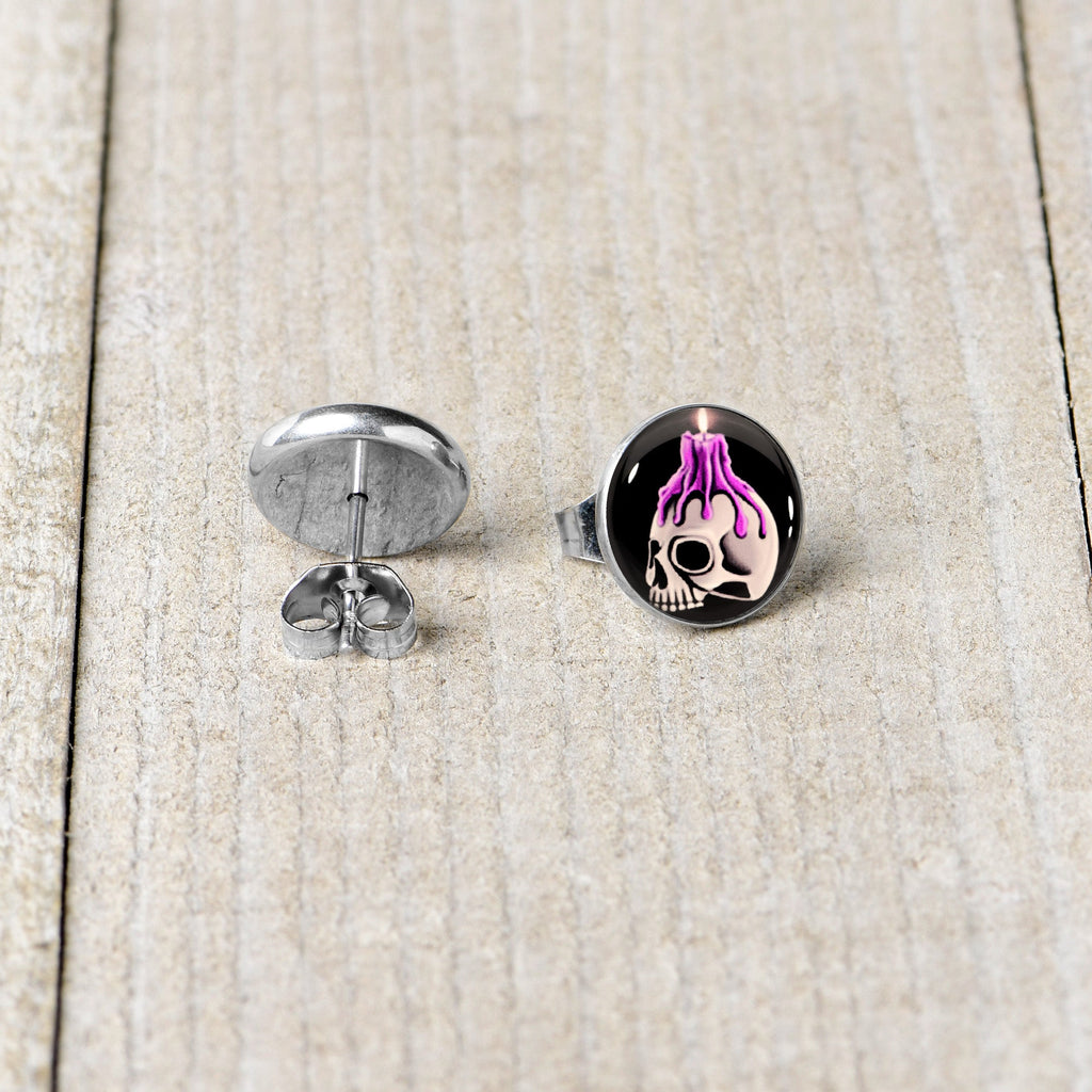 BodyCandy Burning Skull Candle Stud Earrings by Onyx O — back view