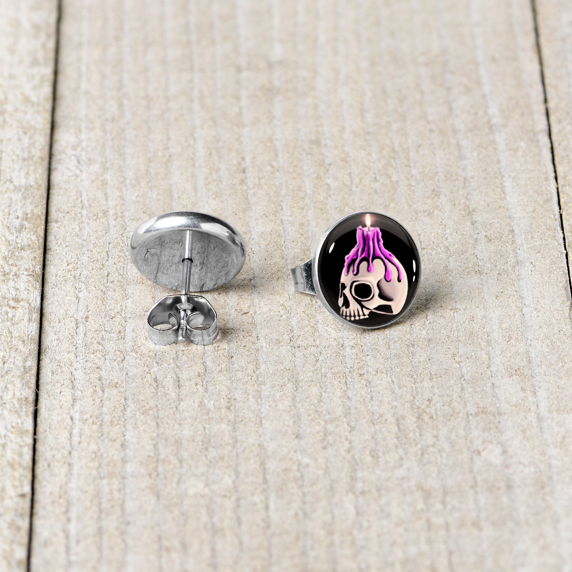 BodyCandy Burning Skull Candle Stud Earrings by Onyx O — back view