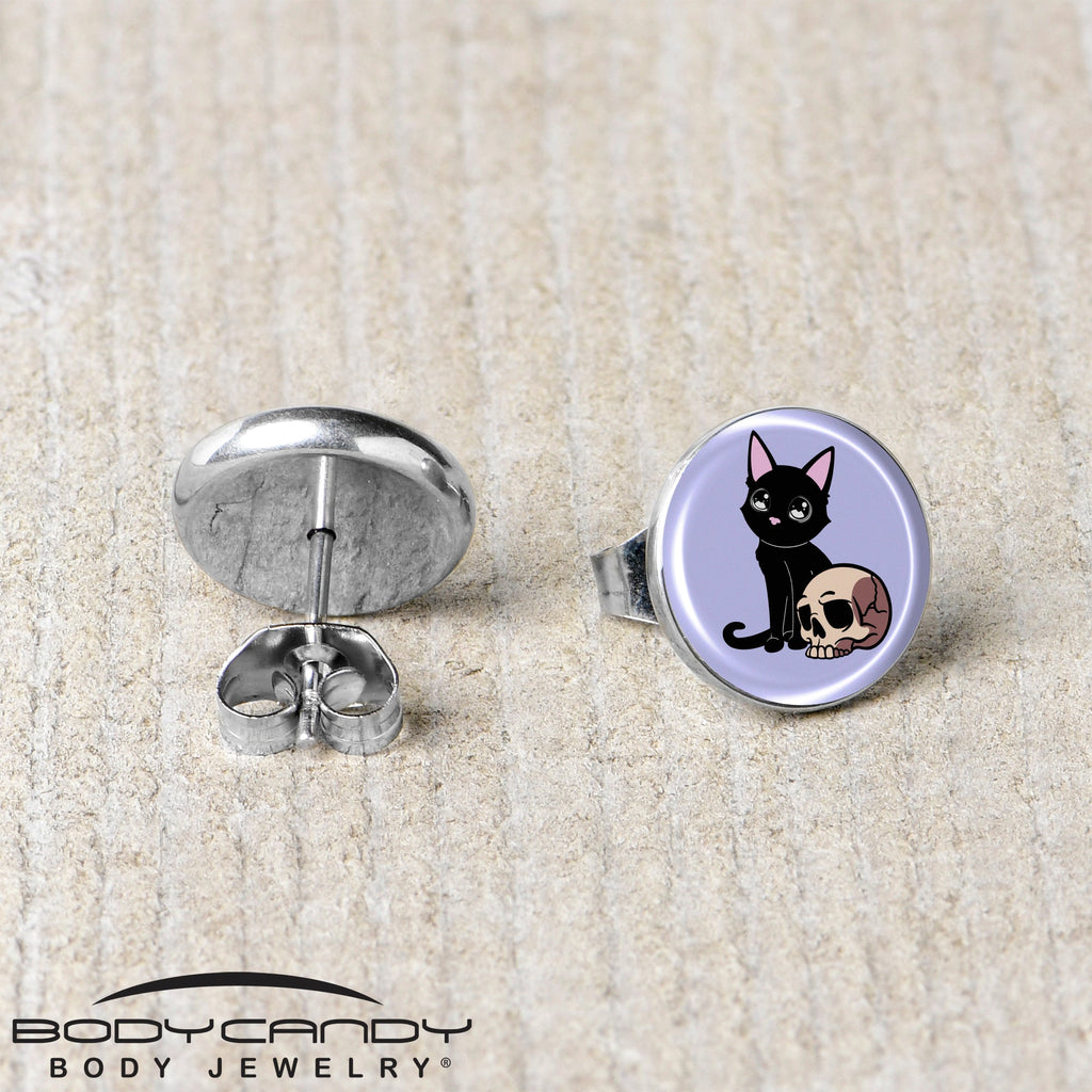 BodyCandy Skull Cat Stud Earrings by Onyx O — back view
