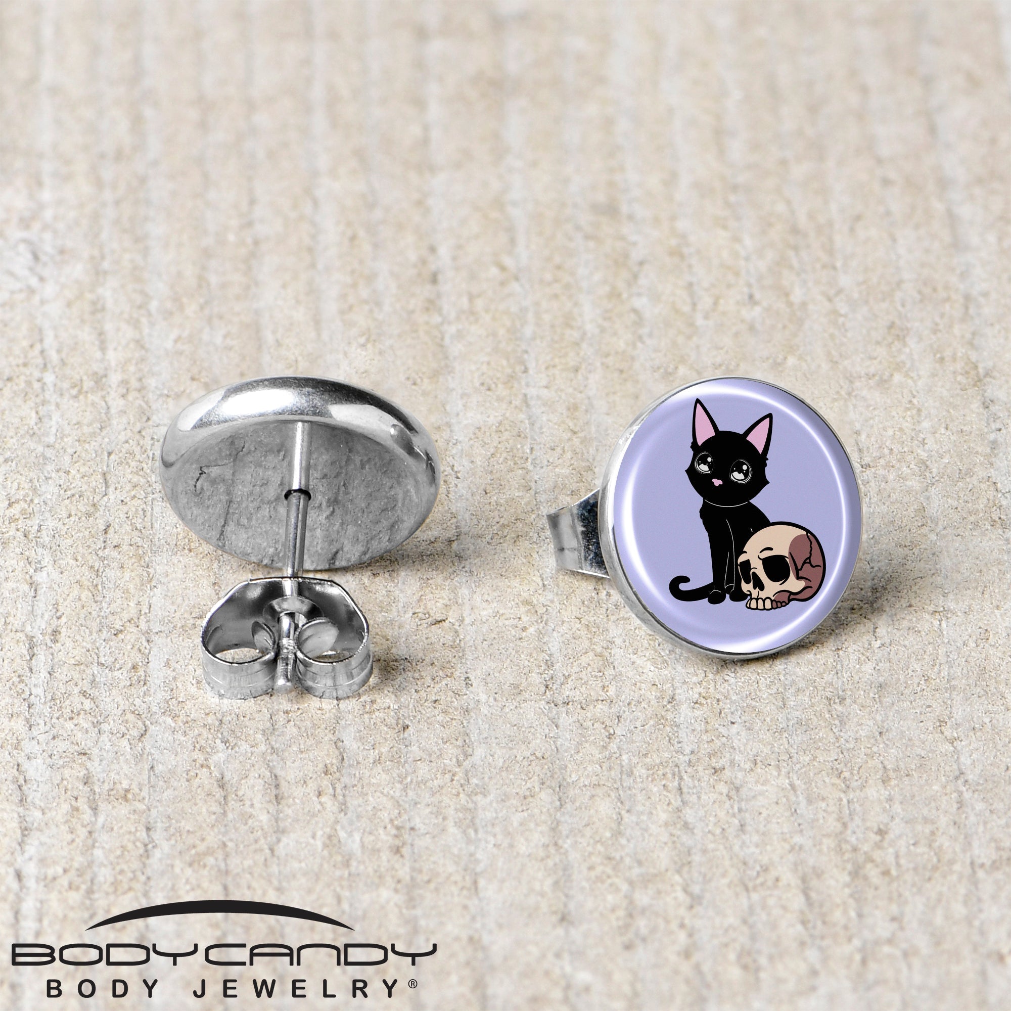 BodyCandy Skull Cat Stud Earrings by Onyx O — back view