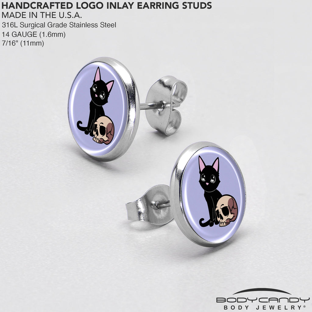 BodyCandy Skull Cat Stud Earrings by Onyx O — in-use photo