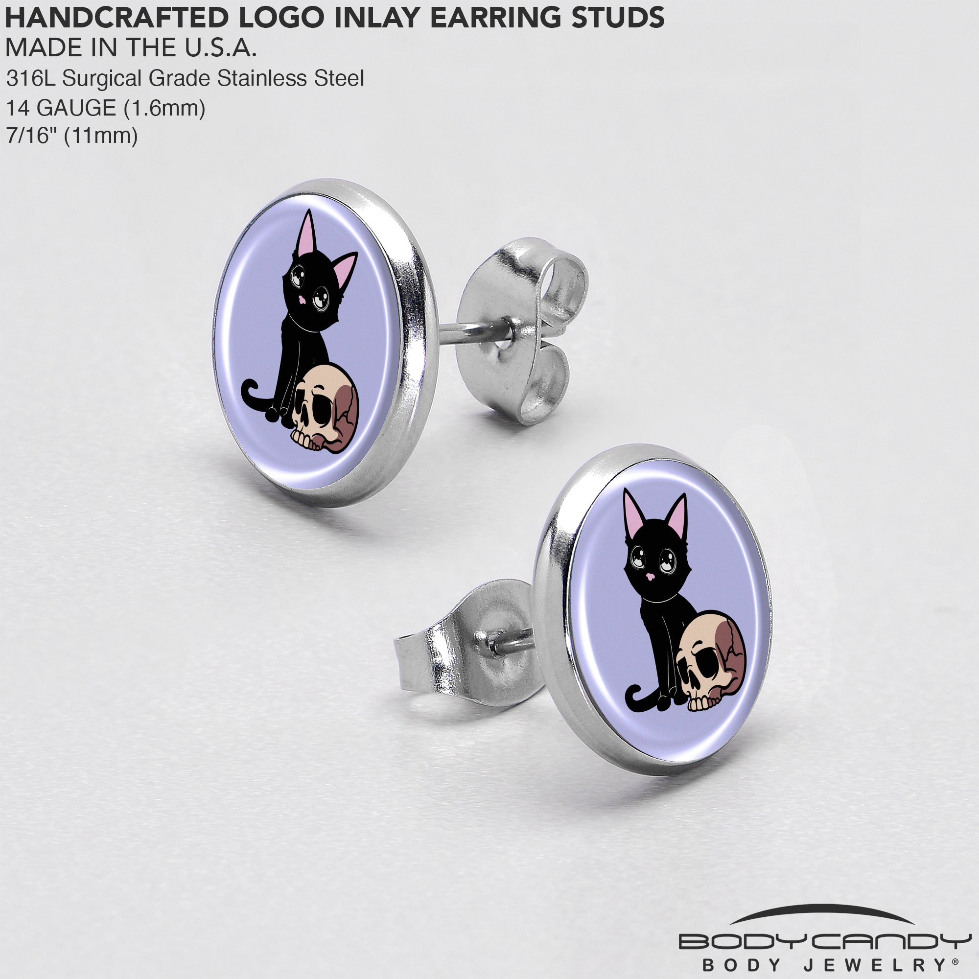 BodyCandy Skull Cat Stud Earrings by Onyx O — in-use photo