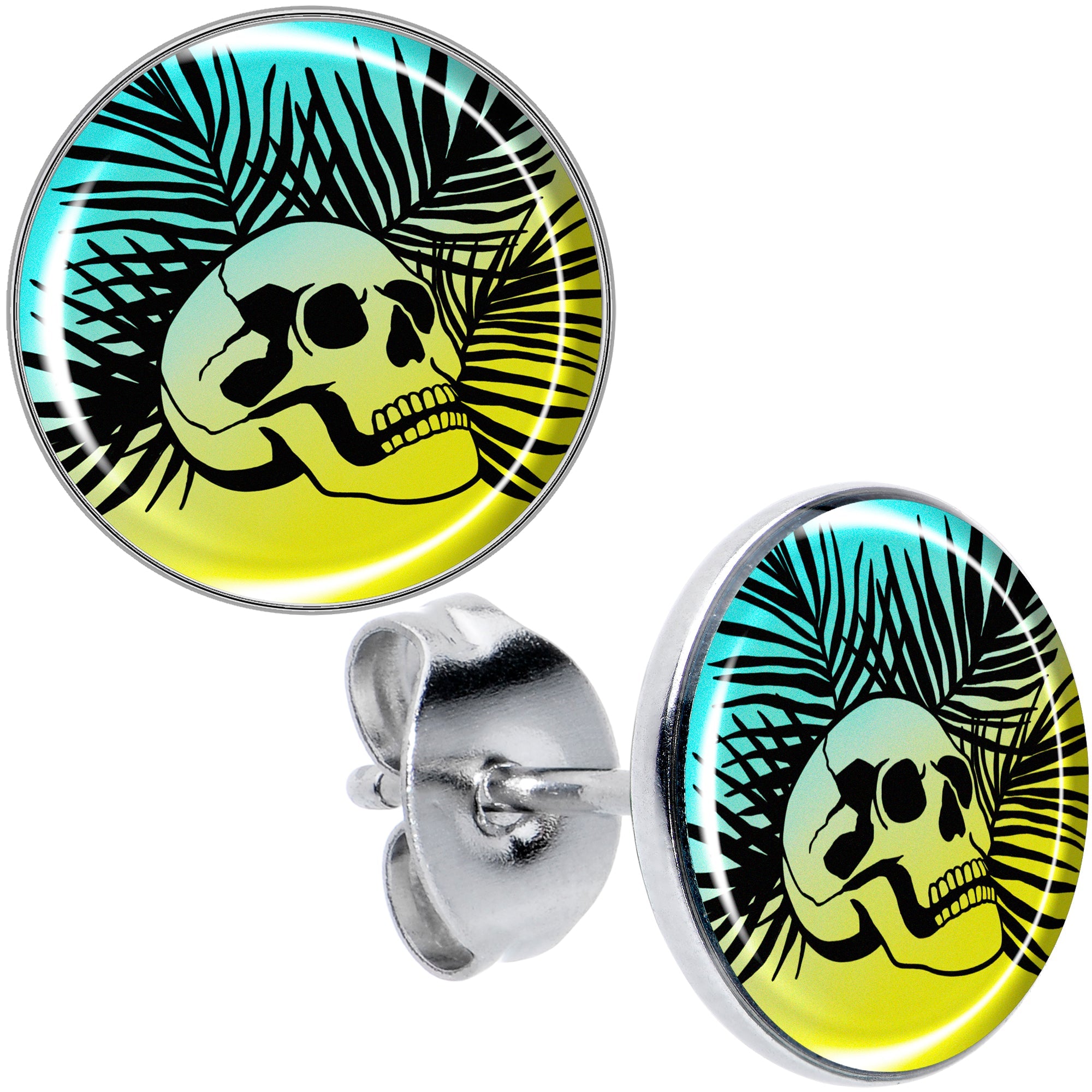 BodyCandy Blue Haze Sunset Skull and Palms Stud Earrings by Onyx O — main product shot