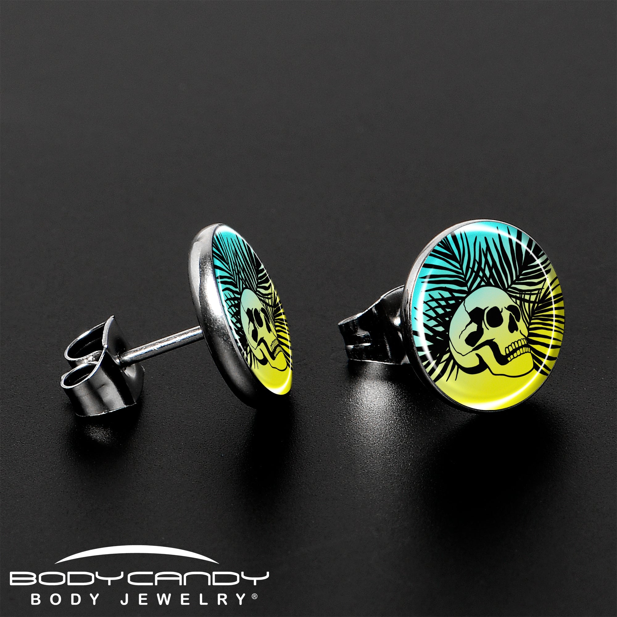 BodyCandy Blue Haze Sunset Skull and Palms Stud Earrings by Onyx O — lifestyle context