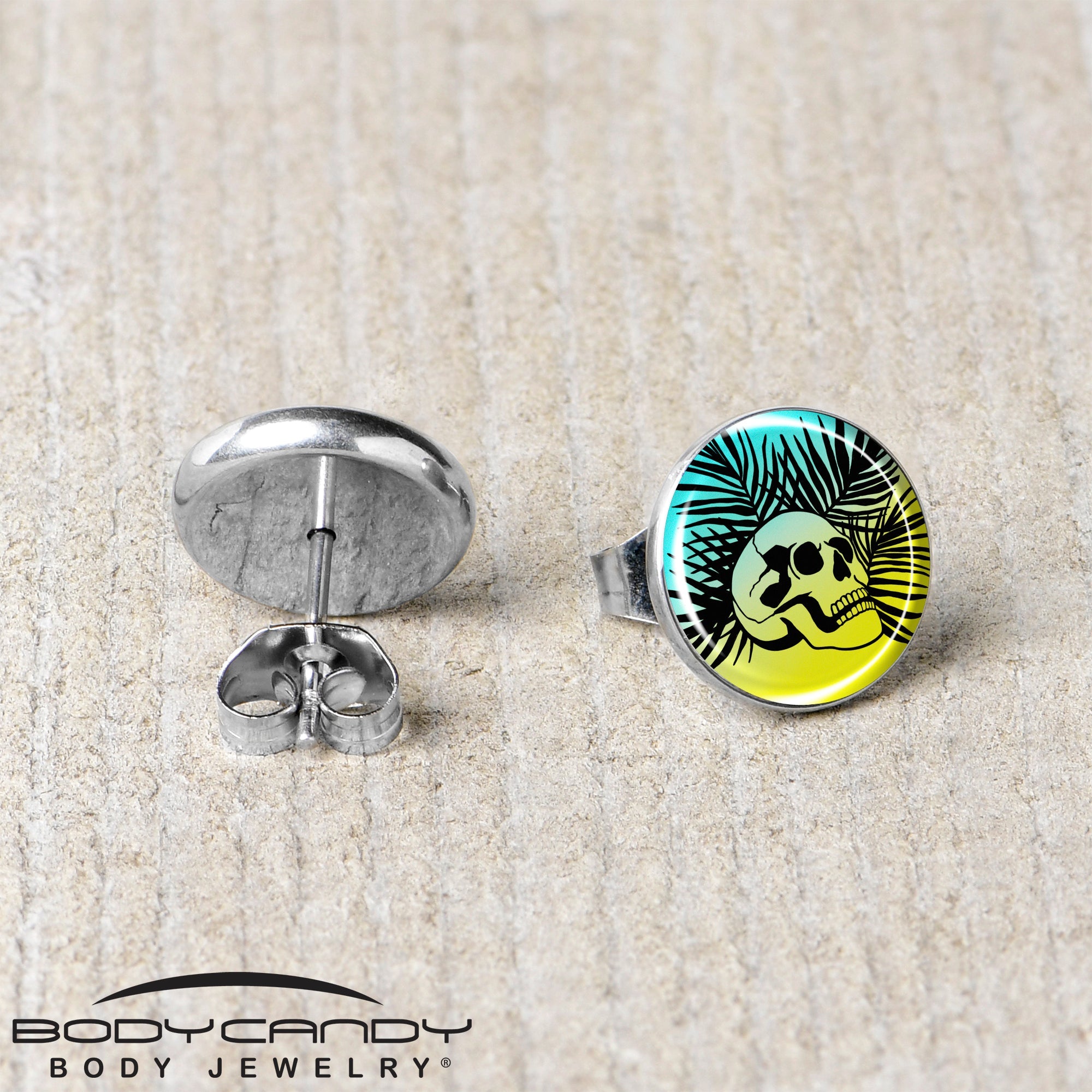 BodyCandy Blue Haze Sunset Skull and Palms Stud Earrings by Onyx O — back view