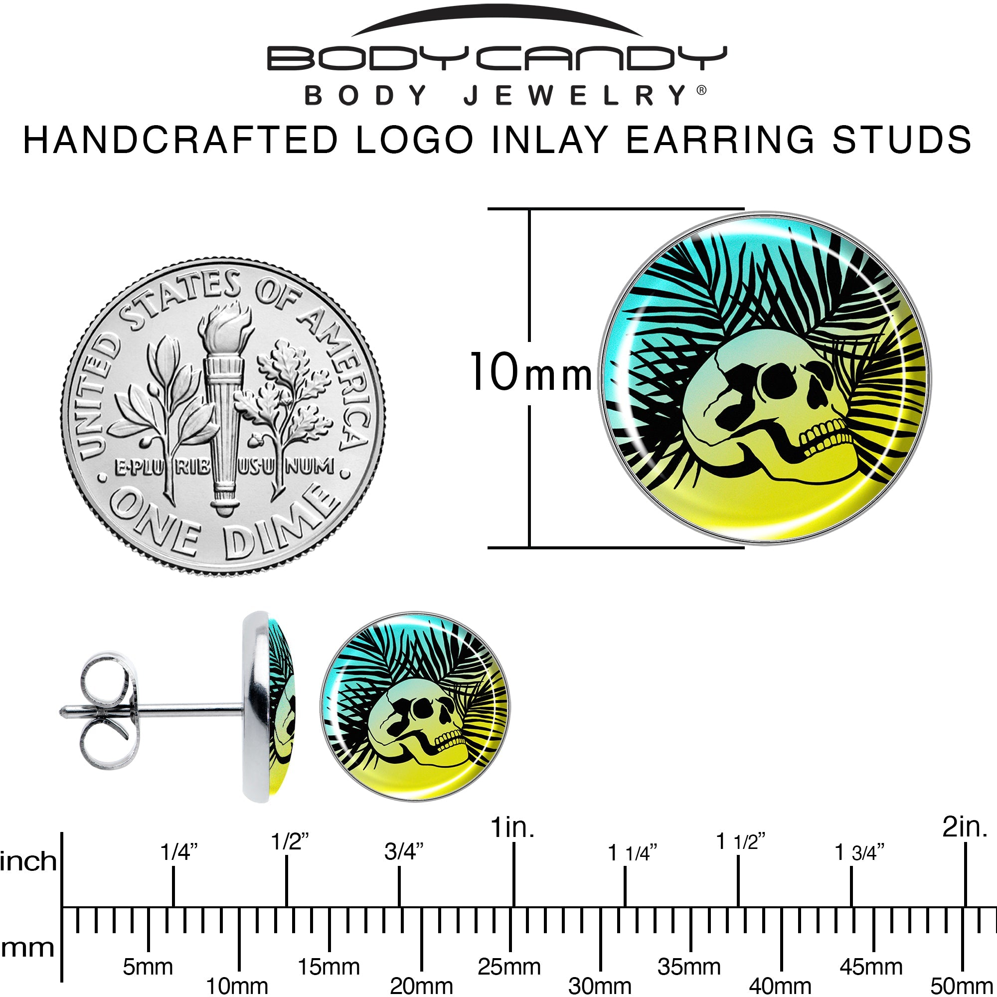 BodyCandy Blue Haze Sunset Skull and Palms Stud Earrings by Onyx O — alternative angle