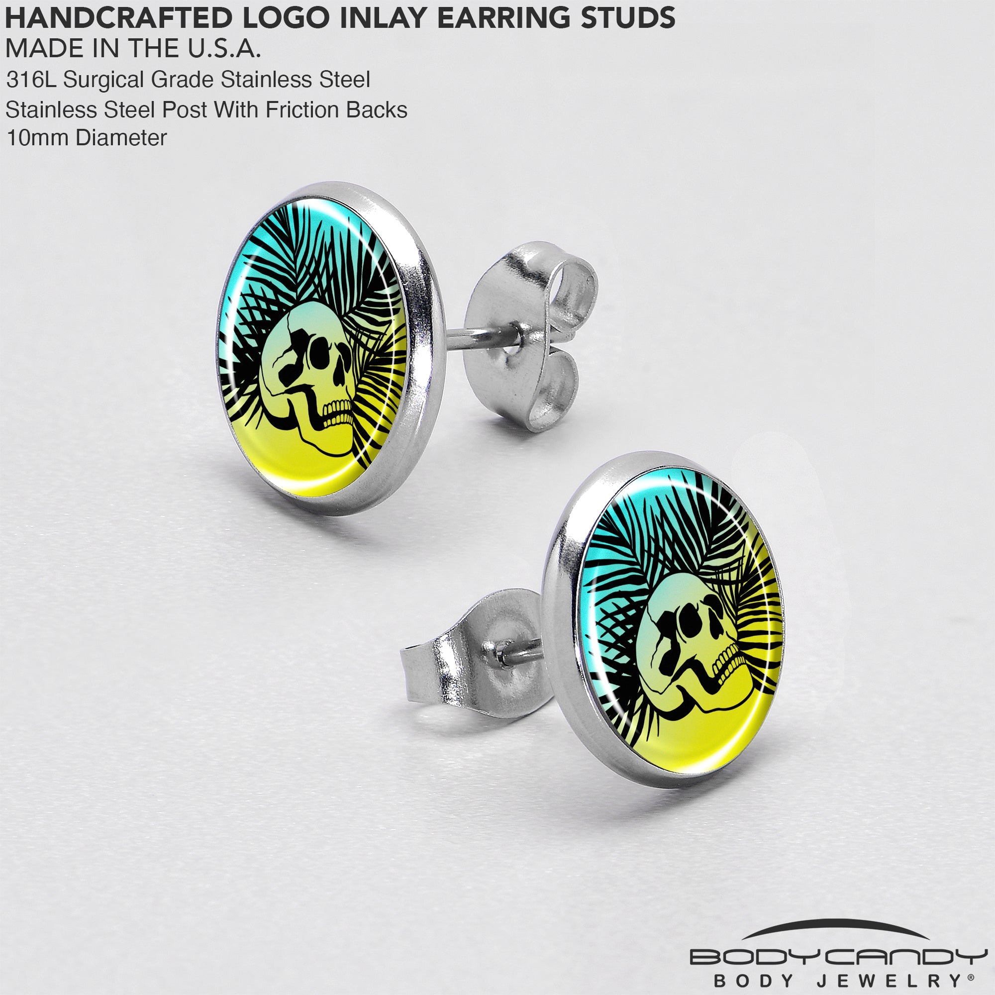 BodyCandy Blue Haze Sunset Skull and Palms Stud Earrings by Onyx O — in-use photo