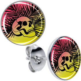 Red Haze Sunset Skull and Palms Stud Earrings by Onyx O